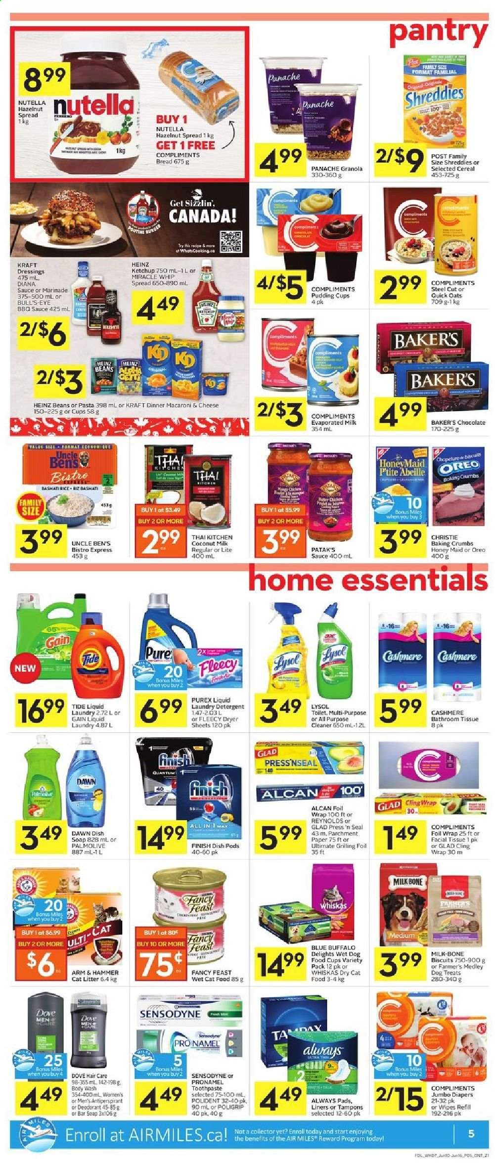 thumbnail - Foodland Flyer - June 10, 2021 - June 16, 2021 - Sales products - bread, beans, macaroni & cheese, Kraft®, pudding, Oreo, evaporated milk, Miracle Whip, chocolate, biscuit, ARM & HAMMER, oats, coconut milk, Heinz, Uncle Ben's, cereals, Quick Oats, Honey Maid, basmati rice, rice, BBQ sauce, marinade, hazelnut spread, granola, Nutella, Sensodyne. Page 5.