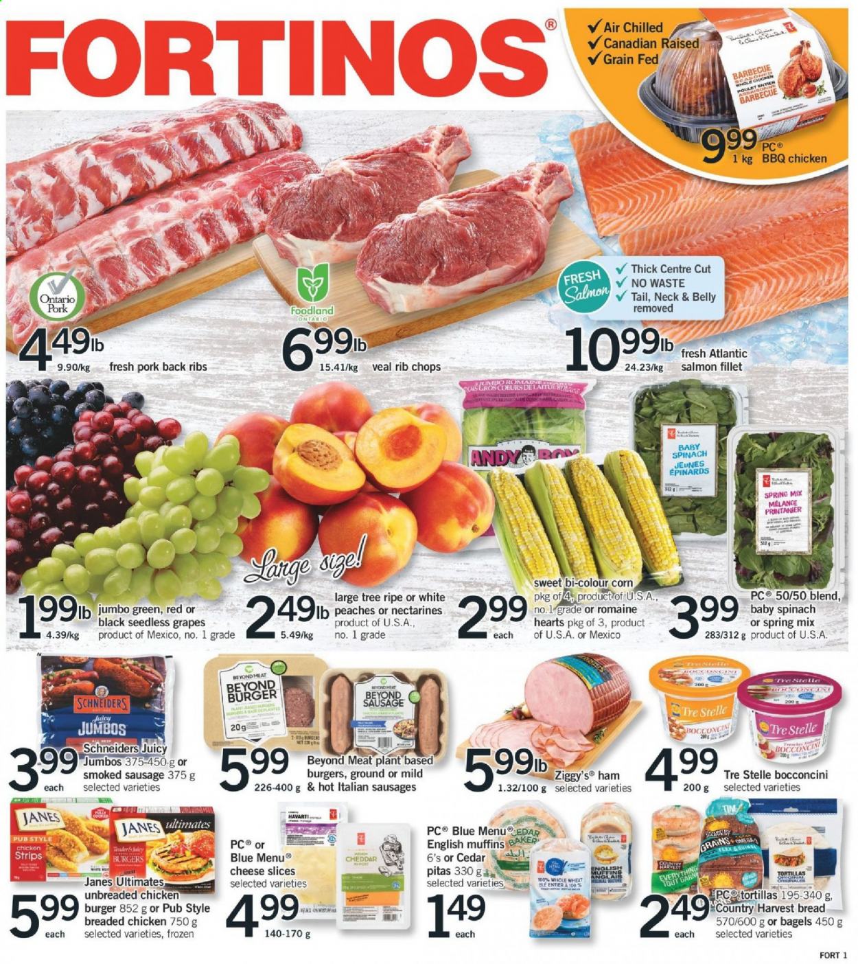 thumbnail - Fortinos Flyer - June 10, 2021 - June 16, 2021 - Sales products - bagels, bread, english muffins, tortillas, pita, corn, grapes, nectarines, seedless grapes, peaches, salmon, salmon fillet, hamburger, fried chicken, ham, sausage, smoked sausage, bocconcini, sliced cheese, cheddar, cheese, Country Harvest, strips, chicken strips, pork meat, pork ribs, pork back ribs, rib chops. Page 1.