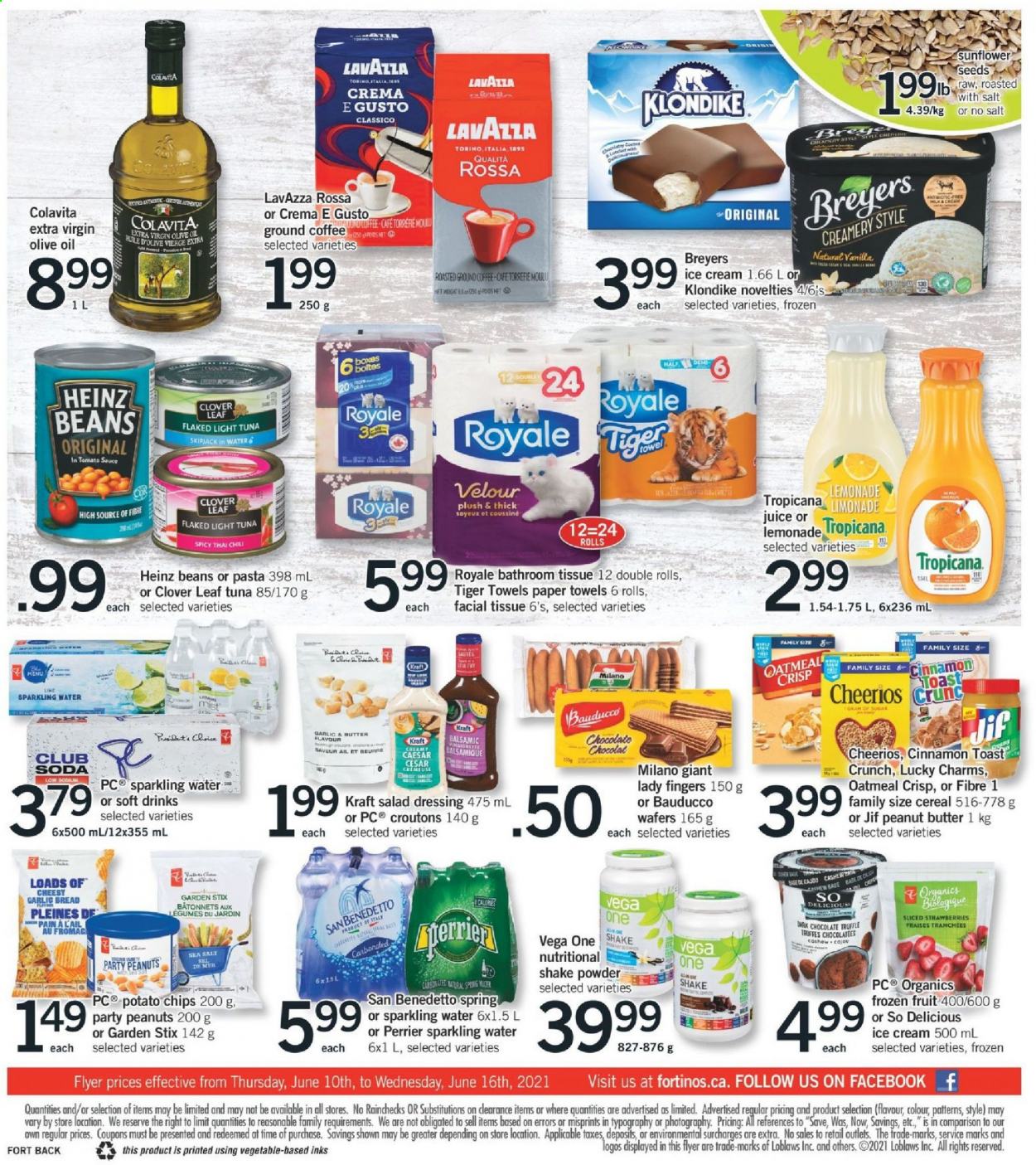 thumbnail - Fortinos Flyer - June 10, 2021 - June 16, 2021 - Sales products - bread, tuna, Kraft®, Clover, shake, ice cream, lady fingers, wafers, potato chips, croutons, oatmeal, Heinz, light tuna, cereals, Cheerios, cinnamon, salad dressing, dressing, Classico, extra virgin olive oil, olive oil, oil, peanut butter, Jif, peanuts, sunflower seeds, lemonade, juice, soft drink, Perrier, Club Soda, sparkling water, coffee, ground coffee, Lavazza, bath tissue, kitchen towels, paper towels. Page 2.