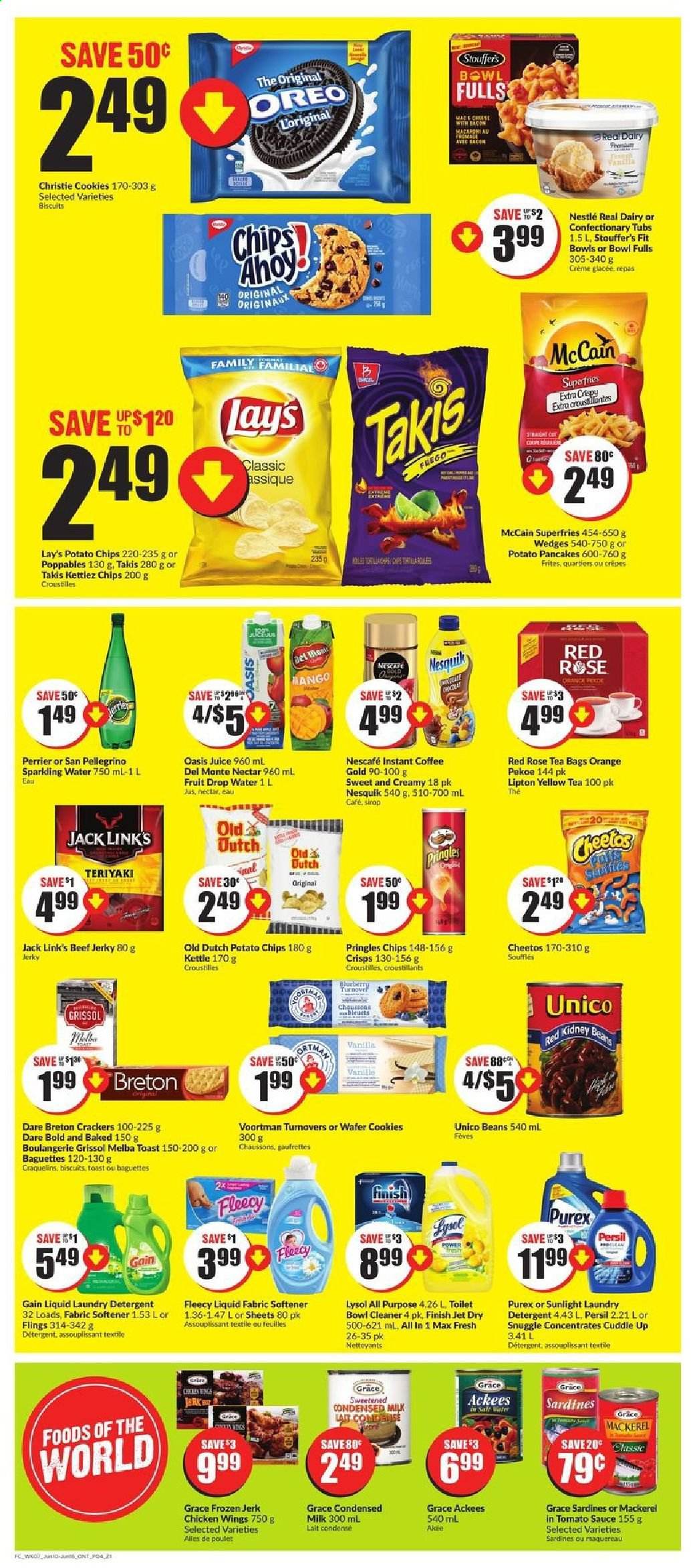 thumbnail - FreshCo. Flyer - June 10, 2021 - June 16, 2021 - Sales products - turnovers, mackerel, sardines, macaroni, pancakes, potato pancakes, bacon, beef jerky, jerky, Oreo, milk, condensed milk, chicken wings, Stouffer's, McCain, potato fries, cookies, wafers, crackers, biscuit, potato chips, Pringles, Cheetos, Lay’s, Jack Link's, juice, Perrier, sparkling water, San Pellegrino, tea bags, instant coffee, L'Or, rosé wine, Nesquik, Nestlé, Nescafé. Page 4.
