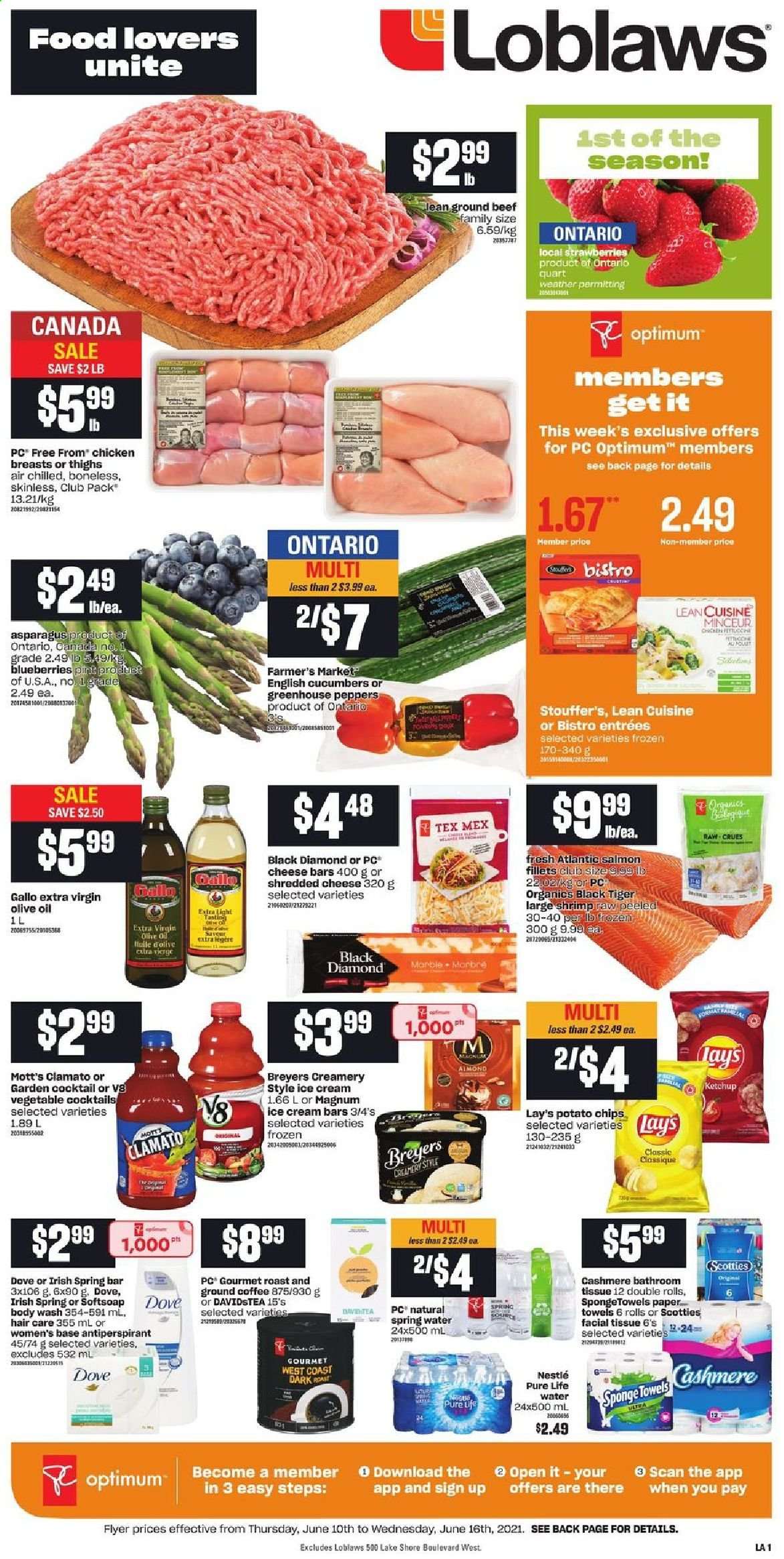 thumbnail - Loblaws Flyer - June 10, 2021 - June 16, 2021 - Sales products - asparagus, cucumber, peppers, blueberries, strawberries, Mott's, salmon, salmon fillet, shrimps, Lean Cuisine, shredded cheese, Magnum, ice cream, ice cream bars, Stouffer's, potato chips, Lay’s, extra virgin olive oil, olive oil, oil, Clamato, spring water, coffee, ground coffee, chicken breasts, beef meat, ground beef, bath tissue, body wash, Softsoap, anti-perspirant, Optimum, Nestlé. Page 1.