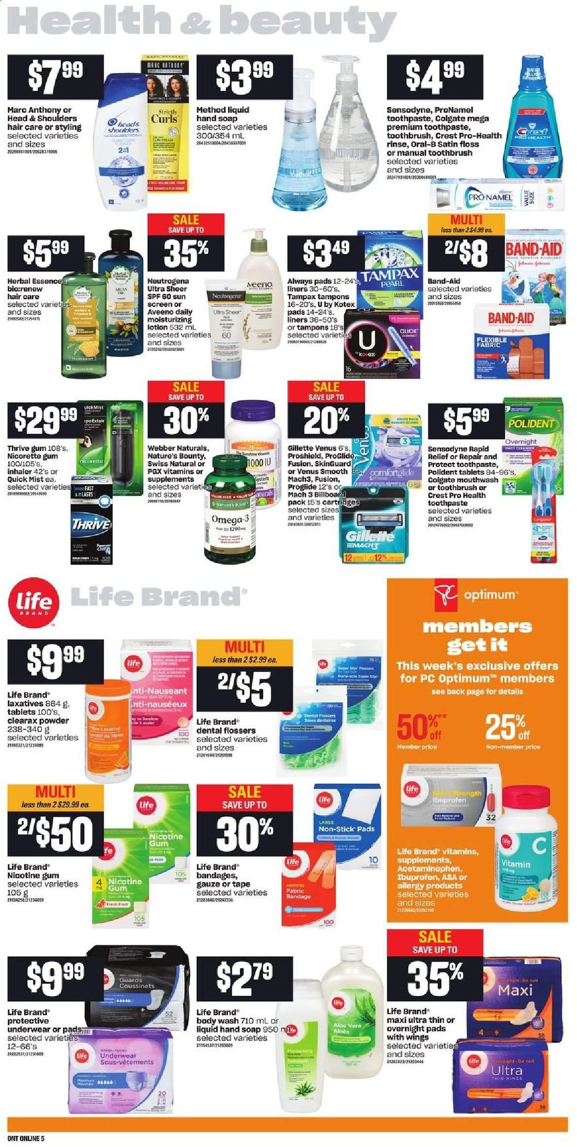 thumbnail - Loblaws Flyer - June 10, 2021 - June 16, 2021 - Sales products - Aveeno, body wash, hand soap, soap, toothbrush, toothpaste, mouthwash, Polident, Crest, Always pads, sanitary pads, Kotex, Kotex pads, tampons, Herbal Essences, body lotion, Venus, Optimum, Nature's Bounty, Nicorette, nicotine therapy, Ibuprofen, Omega-3, Nicorette Gum, Gillette, Neutrogena, Tampax, Head & Shoulders, Oral-B, Sensodyne. Page 11.