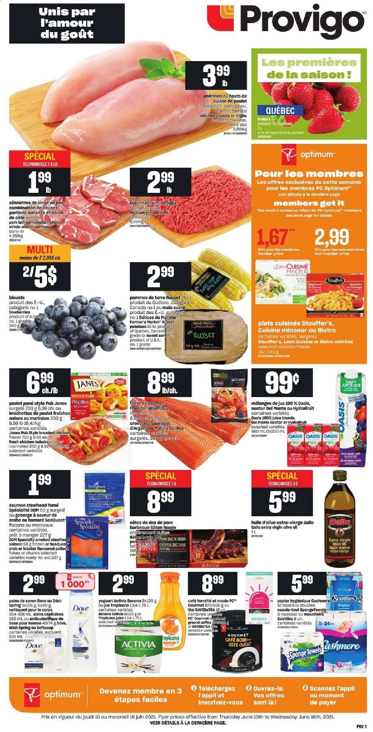 thumbnail - Provigo Flyer - June 10, 2021 - June 16, 2021 - Sales products - corn, russet potatoes, potatoes, sweet corn, blueberries, lobster, salmon, pollock, crab, macaroni, fried chicken, chicken kabobs, Lean Cuisine, Activia, Stouffer's, extra virgin olive oil, olive oil, oil, juice, coffee, ground coffee, pork loin, pork meat, Softsoap, Danone. Page 1.