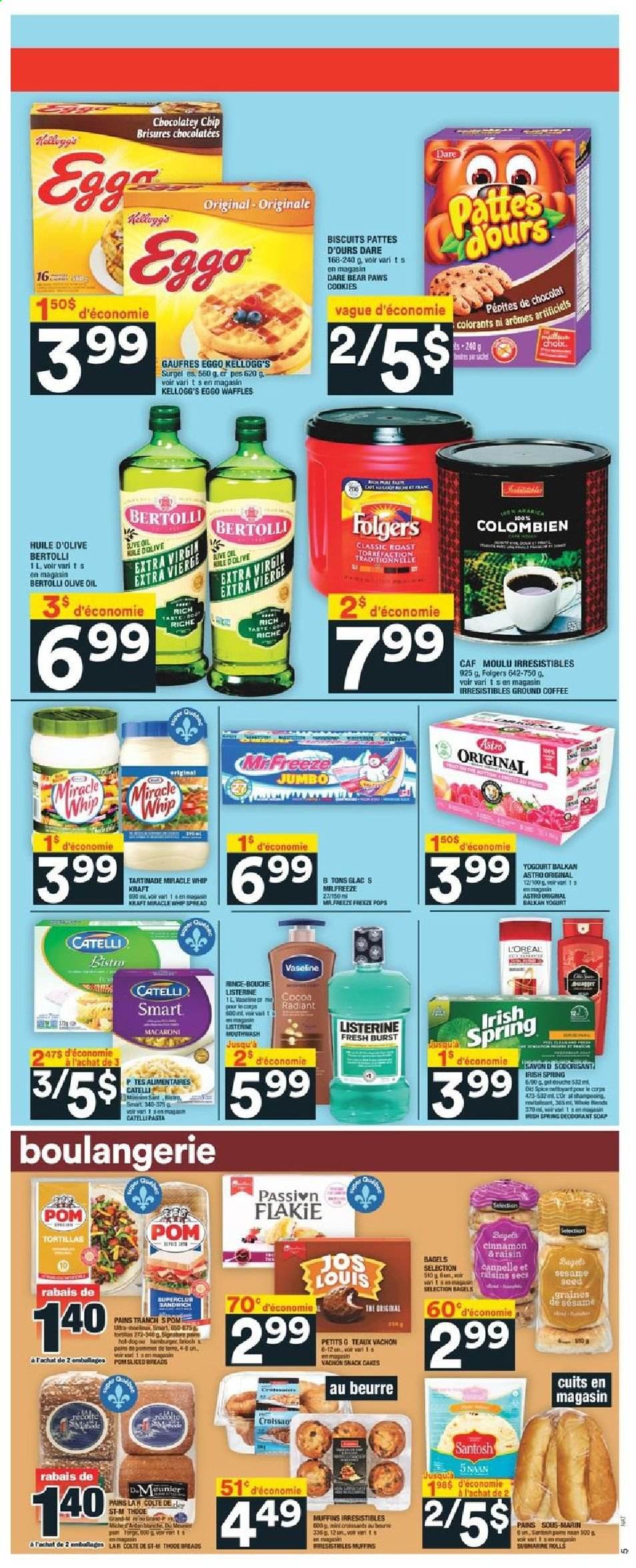 thumbnail - Super C Flyer - June 10, 2021 - June 16, 2021 - Sales products - bagels, tortillas, cake, muffin, waffles, sandwich, macaroni, hamburger, Kraft®, Bertolli, yoghurt, Miracle Whip, cookies, snack, Kellogg's, biscuit, sesame seed, spice, cinnamon, oil, dried fruit, coffee, Folgers, ground coffee, L'Or, Vaseline, soap, mouthwash, L’Oréal, anti-perspirant, Listerine, raisins, Old Spice, deodorant. Page 6.