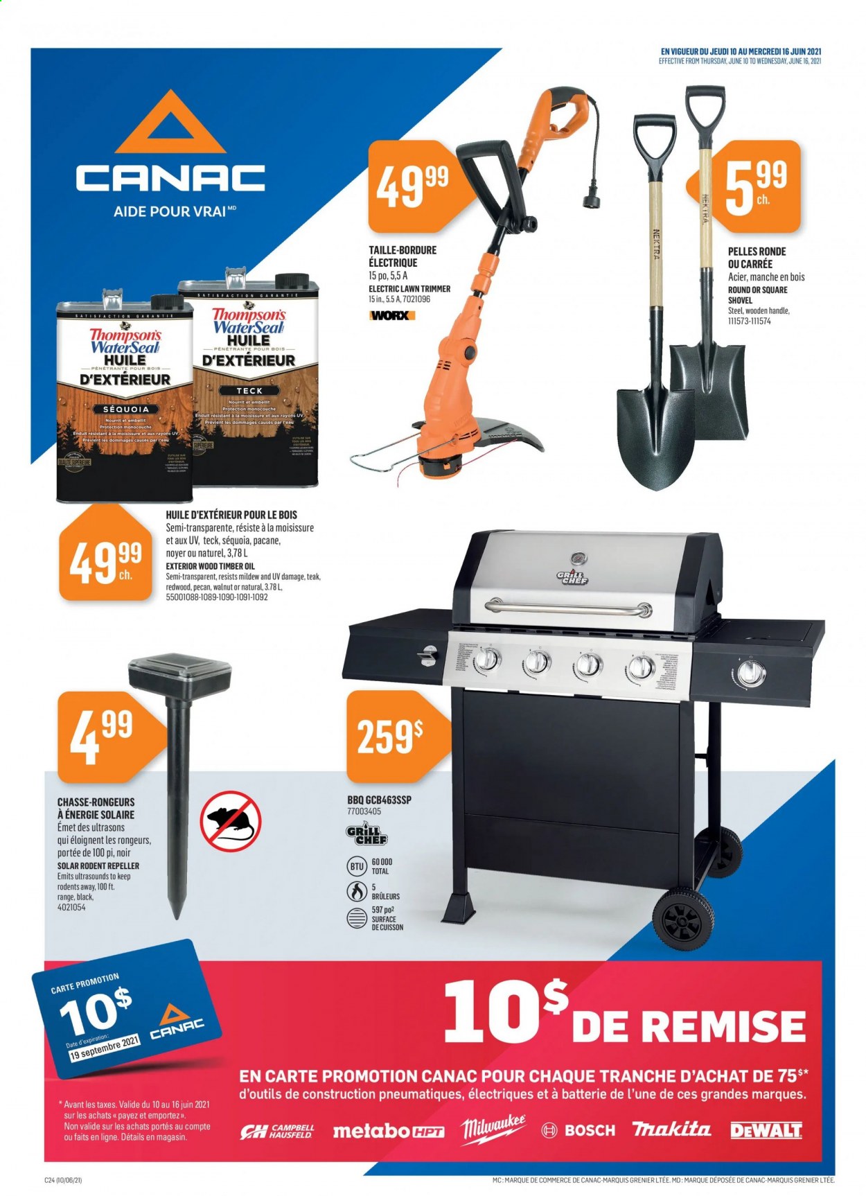 thumbnail - Canac Flyer - June 10, 2021 - June 16, 2021 - Sales products - Bosch, Milwaukee, DeWALT, shovel, grill. Page 1.