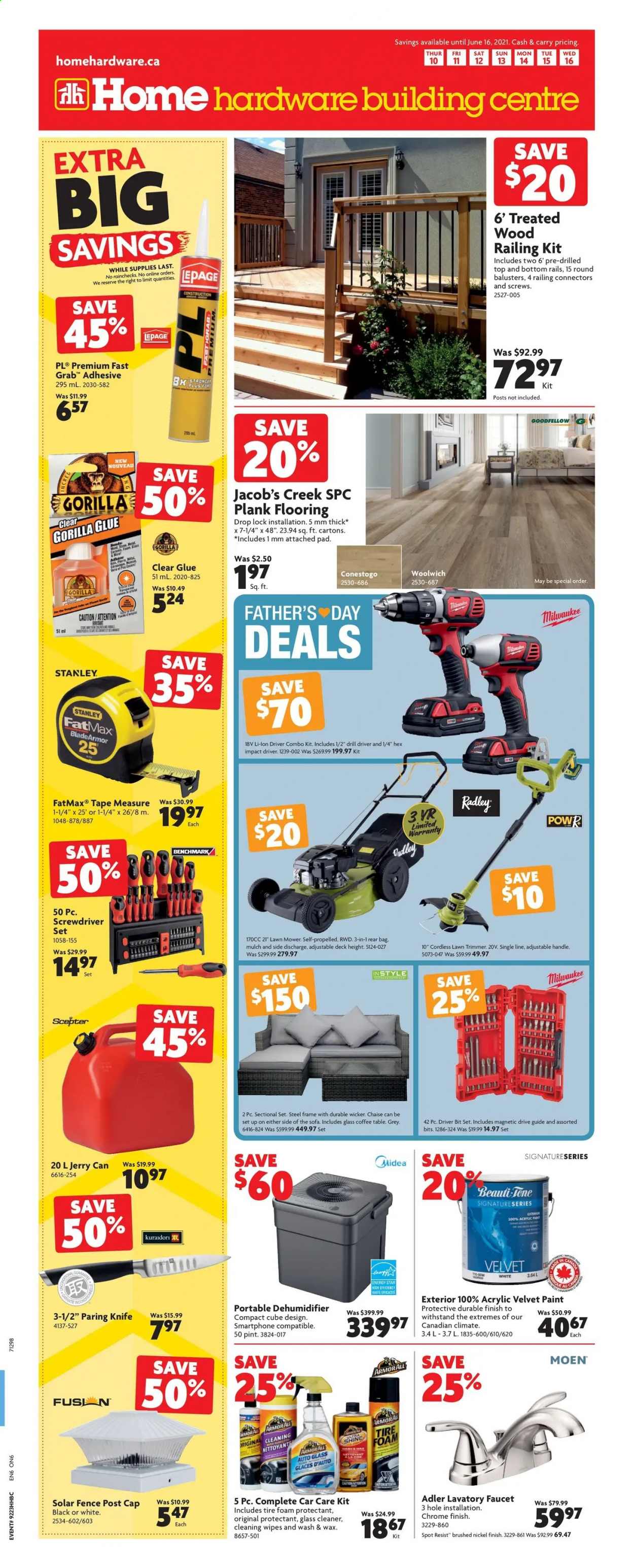 thumbnail - Home Hardware Building Centre Flyer - June 10, 2021 - June 16, 2021 - Sales products - cleansing wipes, wipes, cleaner, glass cleaner, bag, trimmer, table, 2-piece sectional, sofa, coffee table, faucet, glue, adhesive, paint, Stanley, flooring, Milwaukee, drill, screwdriver, impact driver, lawn mower, combo kit, screwdriver set, measuring tape, garden mulch, knife. Page 1.