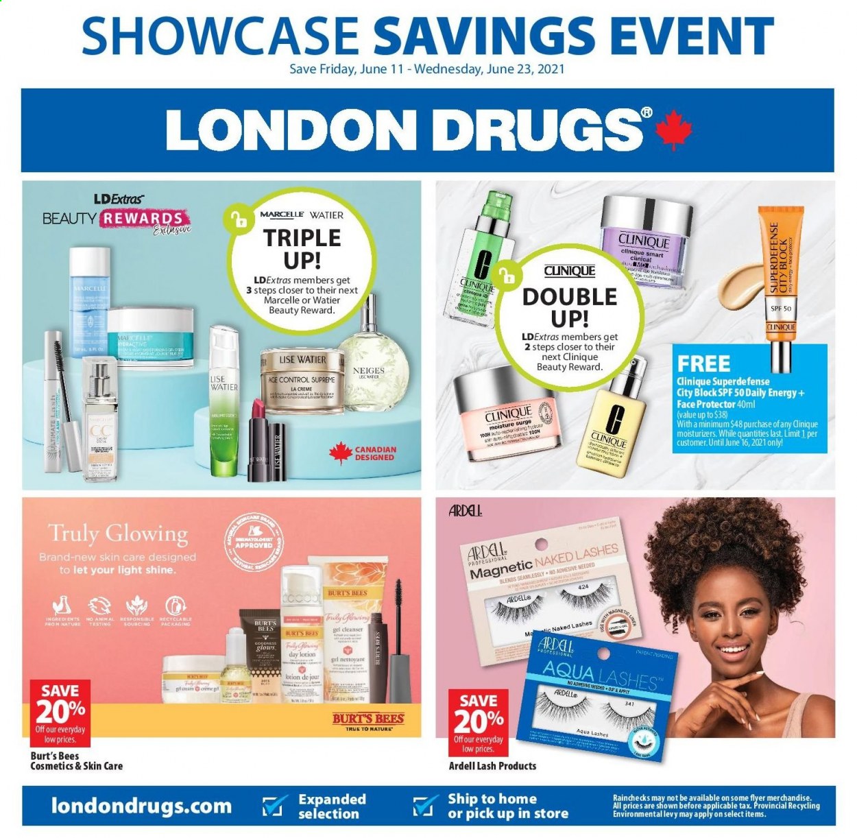 thumbnail - London Drugs Flyer - June 11, 2021 - June 23, 2021 - Sales products - Ace, TRULY, cleanser, Clinique, moisturizer, body lotion, day lotion. Page 1.