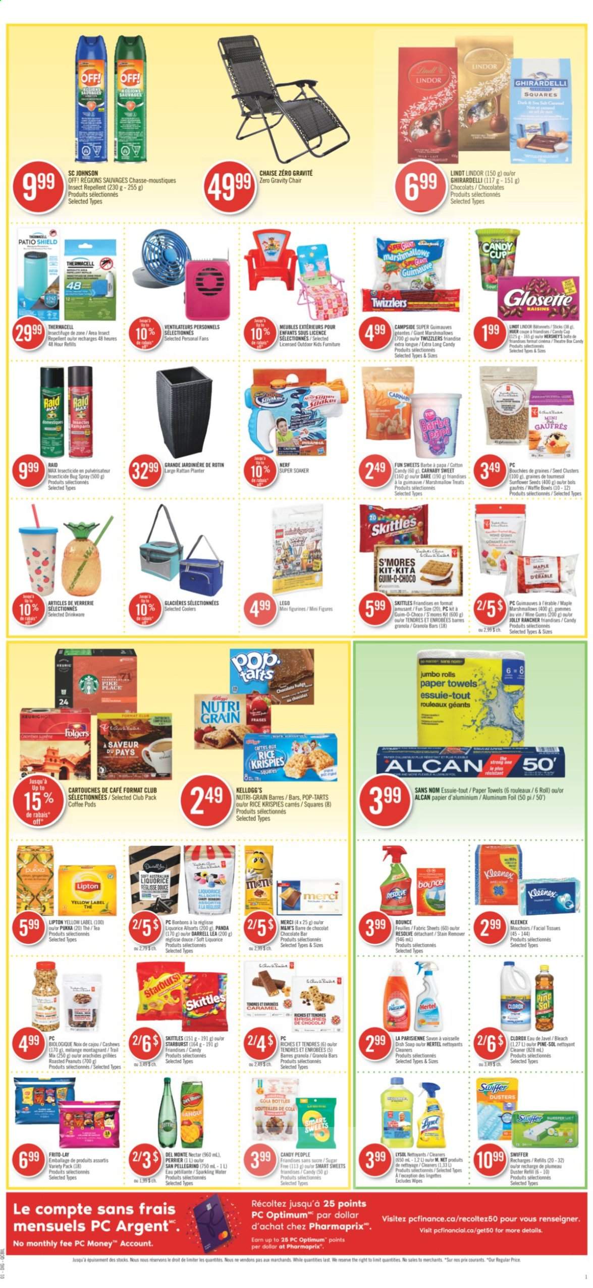 thumbnail - Pharmaprix Flyer - June 12, 2021 - June 18, 2021 - Sales products - Hershey's, marshmallows, Kellogg's, Merci, Skittles, Pop-Tarts, Ghirardelli, Starburst, chocolate bar, Frito-Lay, granola bar, Rice Krispies, Nutri-Grain, caramel, cashews, roasted peanuts, peanuts, dried fruit, Perrier, sparkling water, San Pellegrino, tea, coffee pods, Folgers, Johnson's, Kleenex, tissues, kitchen towels, paper towels, cleaner, bleach, stain remover, Lysol, Clorox, Pine-Sol, Swiffer, Bounce, soap, facial tissues, repellent, insecticide, Raid, duster, cup, aluminium foil, minifigure, soaker, panda, plant seeds, LEGO, Nerf, raisins. Page 3.