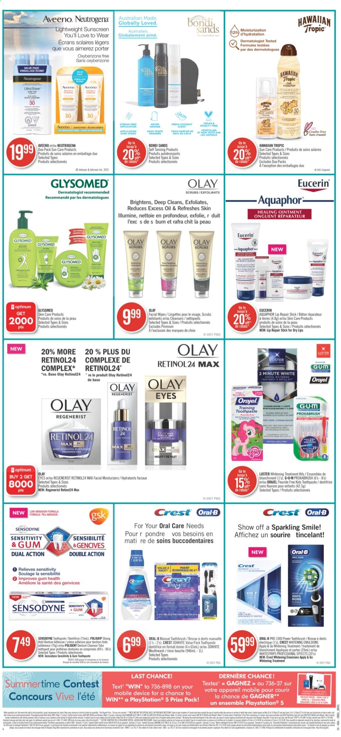 thumbnail - Shoppers Drug Mart Flyer - June 12, 2021 - June 18, 2021 - Sales products - oil, wipes, Johnson's, Aquaphor, Aveeno, ointment, toothbrush, toothpaste, mouthwash, Polident, Crest, cleanser, moisturizer, Olay, Bondi Sands, fragrance, shades, vitamin c, Eucerin, Neutrogena, Oral-B, Sensodyne. Page 5.