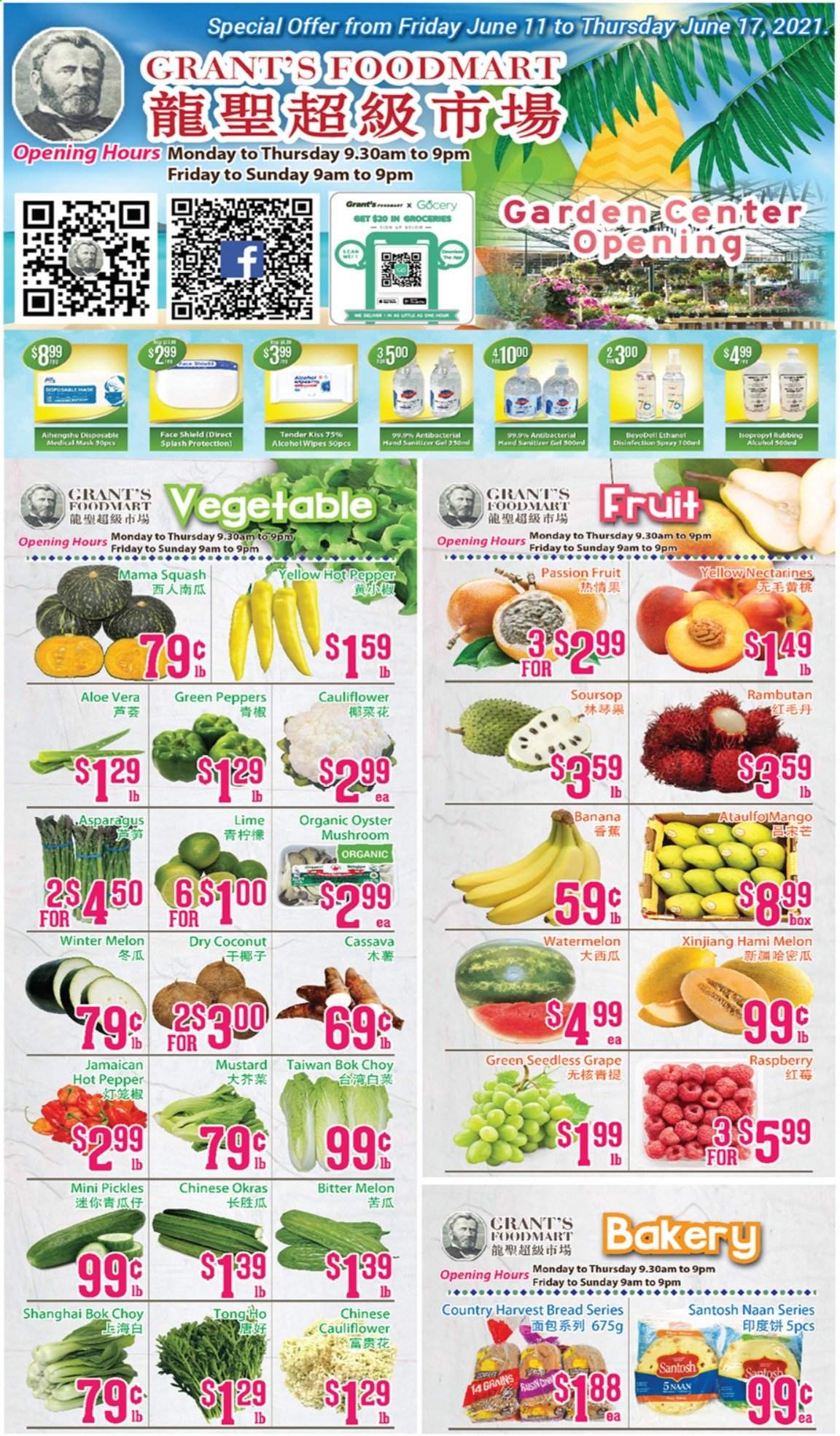 thumbnail - Grant's Foodmart Flyer - June 11, 2021 - June 17, 2021 - Sales products - oyster mushrooms, mushrooms, bread, asparagus, bok choy, cauliflower, peppers, cassava, nectarines, watermelon, coconut, melons, oysters, Country Harvest, pickles, pepper, mustard, Grant's, wipes. Page 1.