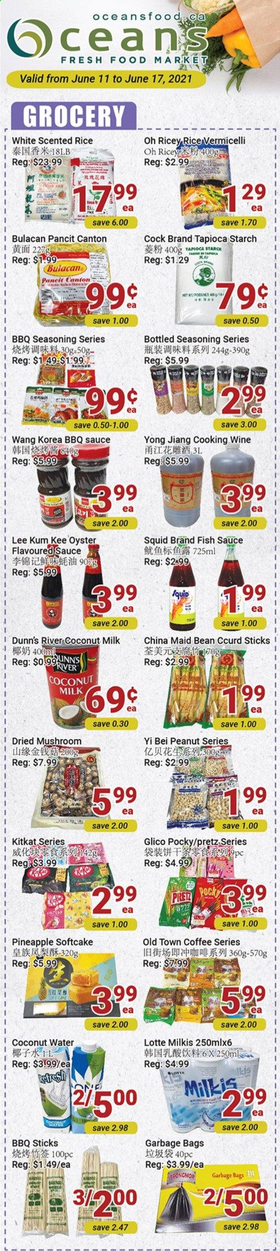 thumbnail - Oceans Flyer - June 11, 2021 - June 17, 2021 - Sales products - mushrooms, pineapple, squid, oysters, fish, sauce, KitKat, starch, tapioca starch, coconut milk, rice, rice vermicelli, spice, BBQ sauce, fish sauce, Lee Kum Kee, coconut water, coffee, cooking wine, bag. Page 1.