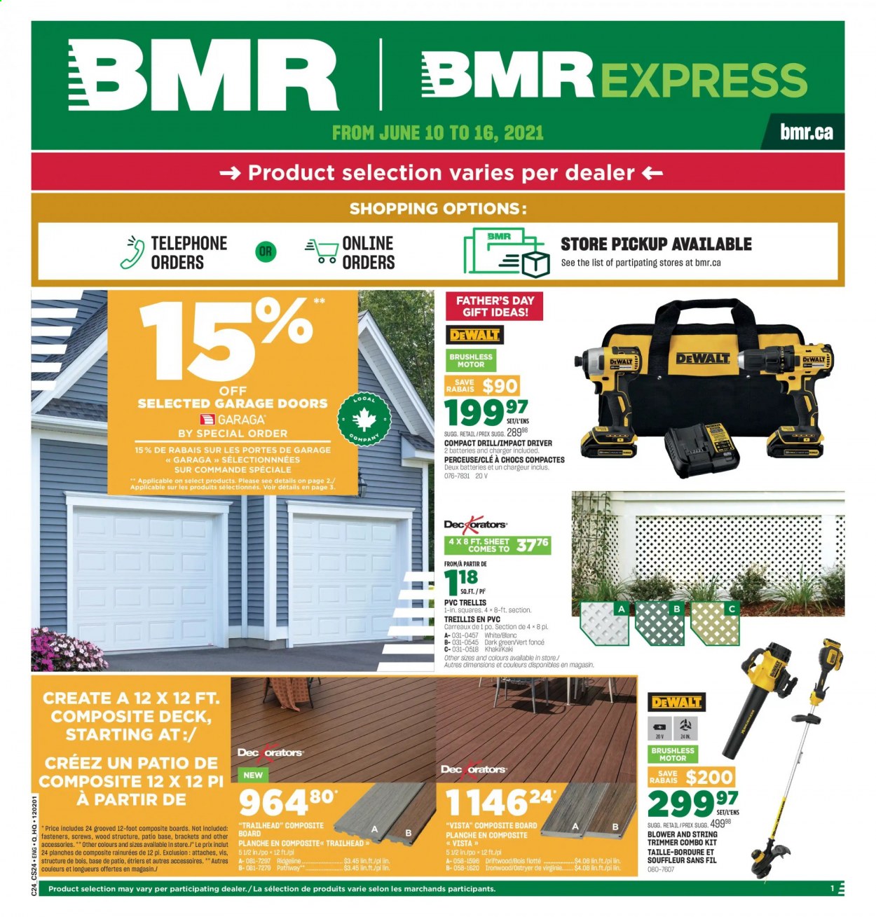 thumbnail - BMR Flyer - June 10, 2021 - June 16, 2021 - Sales products - DeWALT, impact driver, string trimmer, combo kit, blower. Page 1.