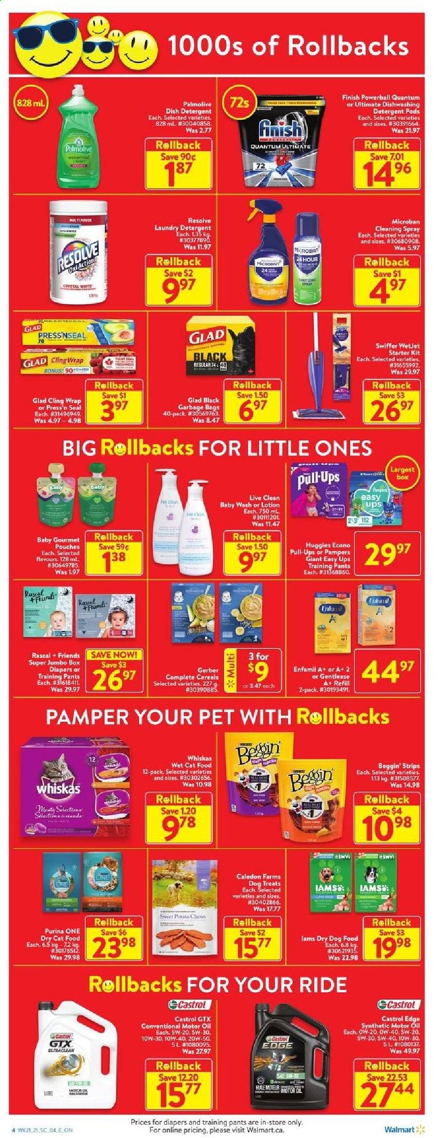 thumbnail - Walmart Flyer - June 17, 2021 - June 23, 2021 - Sales products - sweet potato, strips, chewing gum, Gerber, cereals, oil, Enfamil, pants, nappies, baby pants, Swiffer, laundry detergent, Finish Powerball, Palmolive, body lotion, bag, WetJet, clingwrap, animal food, cat food, dog food, Purina, dry dog food, dry cat food, Beggin', Iams, wet cat food, motor oil, Castrol, Huggies, Pampers. Page 4.