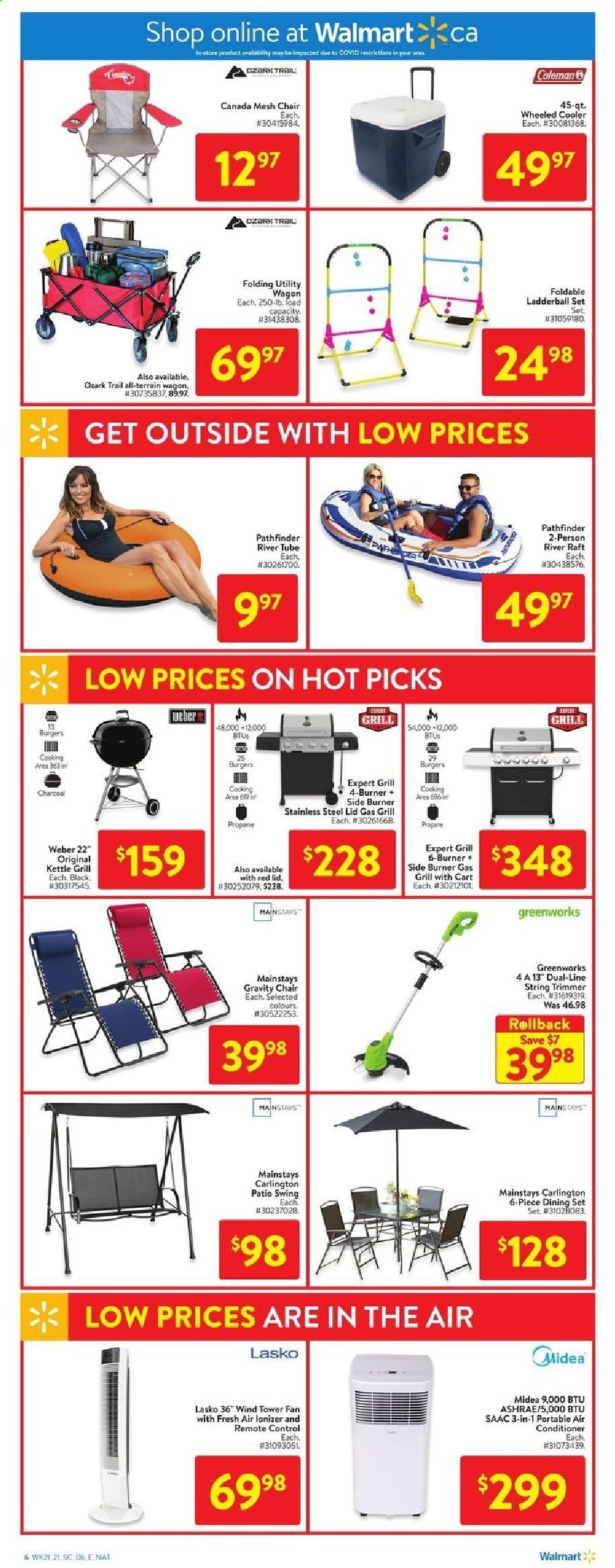 thumbnail - Walmart Flyer - June 17, 2021 - June 23, 2021 - Sales products - hamburger, conditioner, trimmer, lid, wheeled cooler, remote control, Midea, air conditioner, portable air conditioner, stand fan, kettle, dining set, chair, wagon, string trimmer, gas grill, grill, Weber. Page 11.