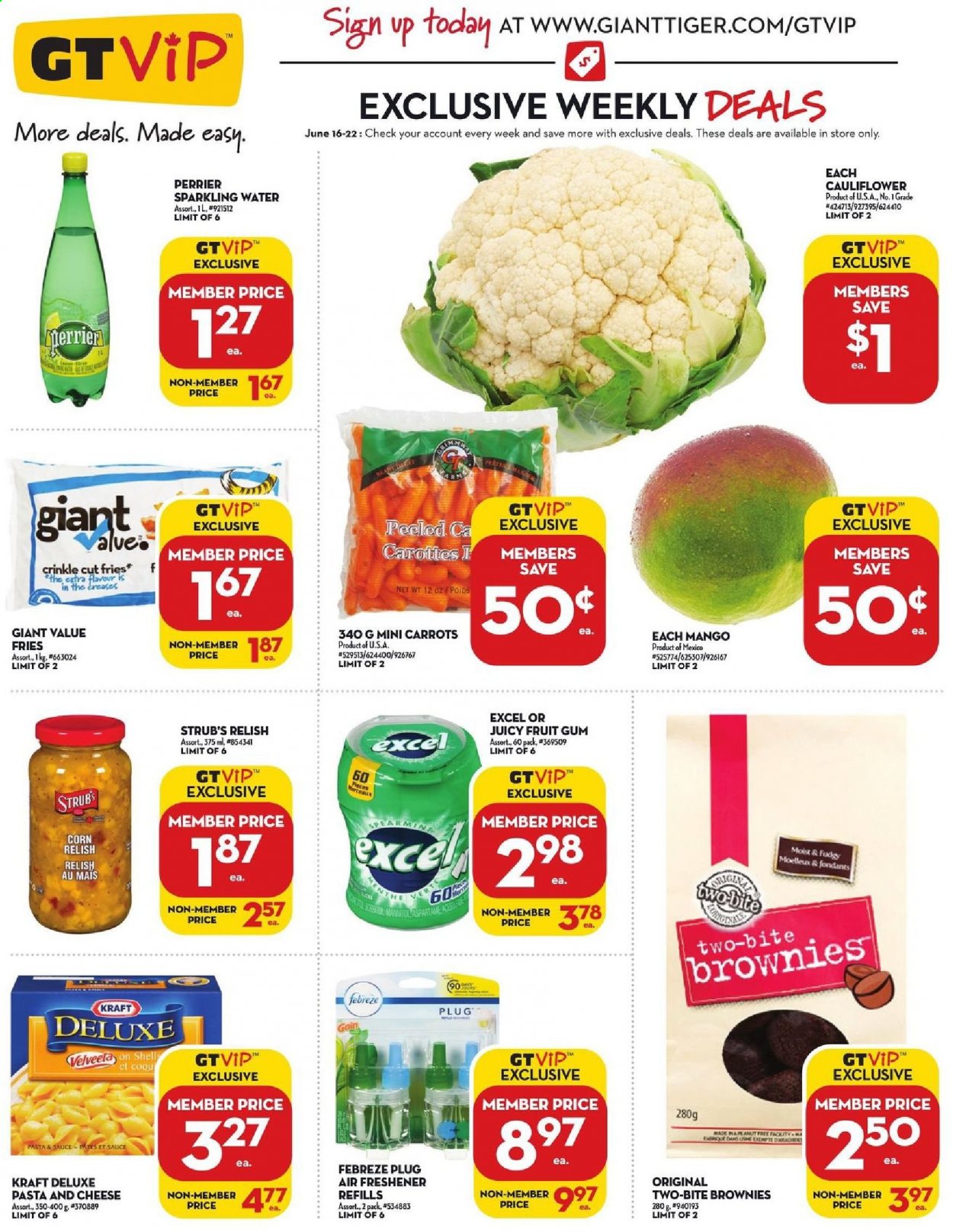 thumbnail - Giant Tiger Flyer - June 16, 2021 - June 22, 2021 - Sales products - brownies, carrots, cauliflower, corn, mango, pasta, Kraft®, potato fries, Perrier, sparkling water, Febreze, Gain, air freshener, Shell. Page 3.