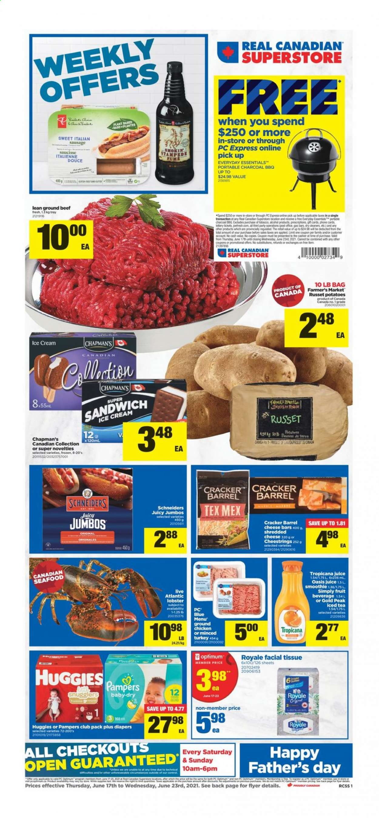 thumbnail - Real Canadian Superstore Flyer - June 17, 2021 - June 23, 2021 - Sales products - russet potatoes, potatoes, lobster, seafood, sandwich, sausage, italian sausage, shredded cheese, string cheese, ice cream, crackers, juice, ice tea, smoothie, alcohol, ground chicken, chicken, beef meat, ground beef, nappies, tissues, tray, Optimum, charcoal, Huggies, Pampers. Page 1.
