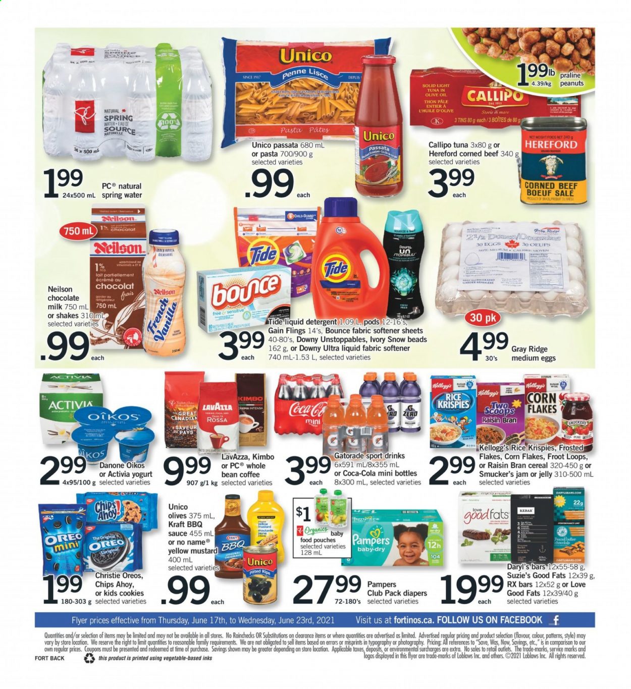thumbnail - Fortinos Flyer - June 17, 2021 - June 23, 2021 - Sales products - tuna, No Name, sauce, Kraft®, corned beef, Oreo, yoghurt, Activia, Oikos, milkshake, shake, eggs, butter, cookies, chocolate, jelly, Kellogg's, sugar, cereals, corn flakes, Rice Krispies, Frosted Flakes, Raisin Bran, penne, mustard, olive oil, oil, fruit jam, peanuts, Coca-Cola, Gatorade, spring water, coffee, Lavazza, beef meat, nappies, Gain, Tide, fabric softener, liquid detergent, Bounce, Downy Laundry, Danone, Pampers, olives, chips. Page 2.
