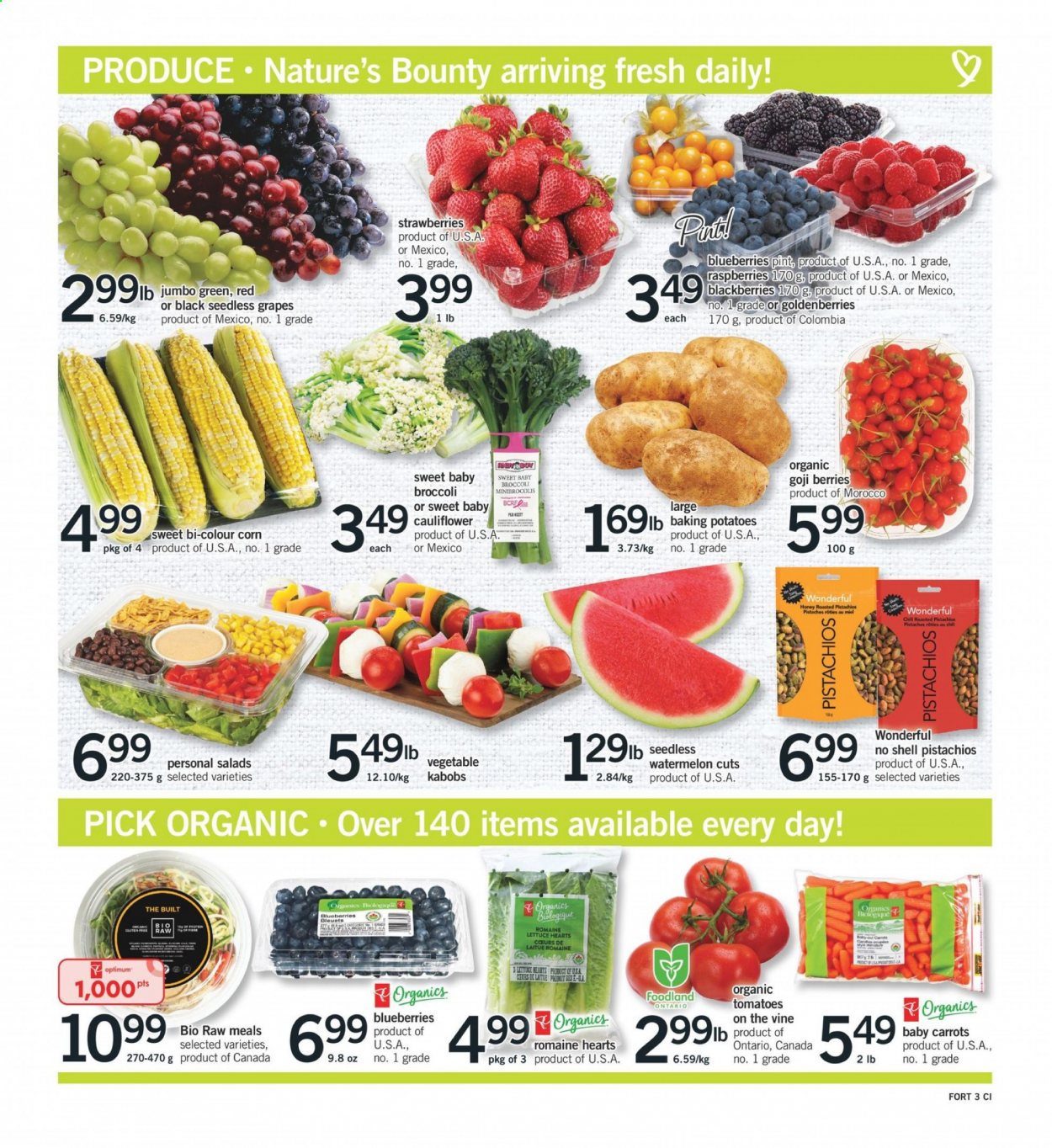 thumbnail - Fortinos Flyer - June 17, 2021 - June 23, 2021 - Sales products - broccoli, carrots, cauliflower, corn, potatoes, lettuce, blackberries, blueberries, grapes, seedless grapes, strawberries, watermelon, honey, goji, pistachios, Optimum, Shell, Nature's Bounty. Page 4.