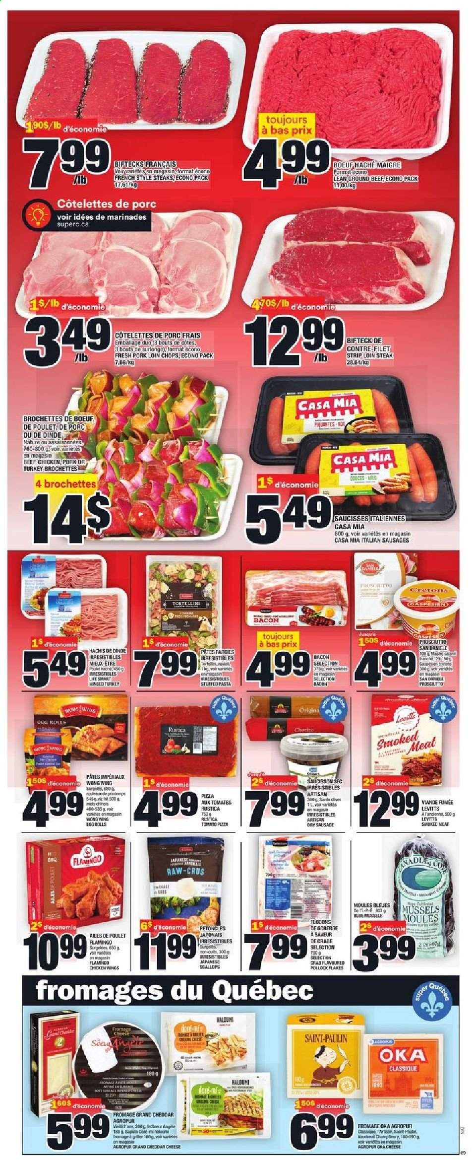 thumbnail - Super C Flyer - June 17, 2021 - June 23, 2021 - Sales products - mussels, scallops, pollock, crab, pizza, pasta, tortellini, egg rolls, bacon, prosciutto, sausage, cheddar, chicken wings, beef meat, ground beef, pork chops, pork loin, pork meat, olives, steak. Page 4.