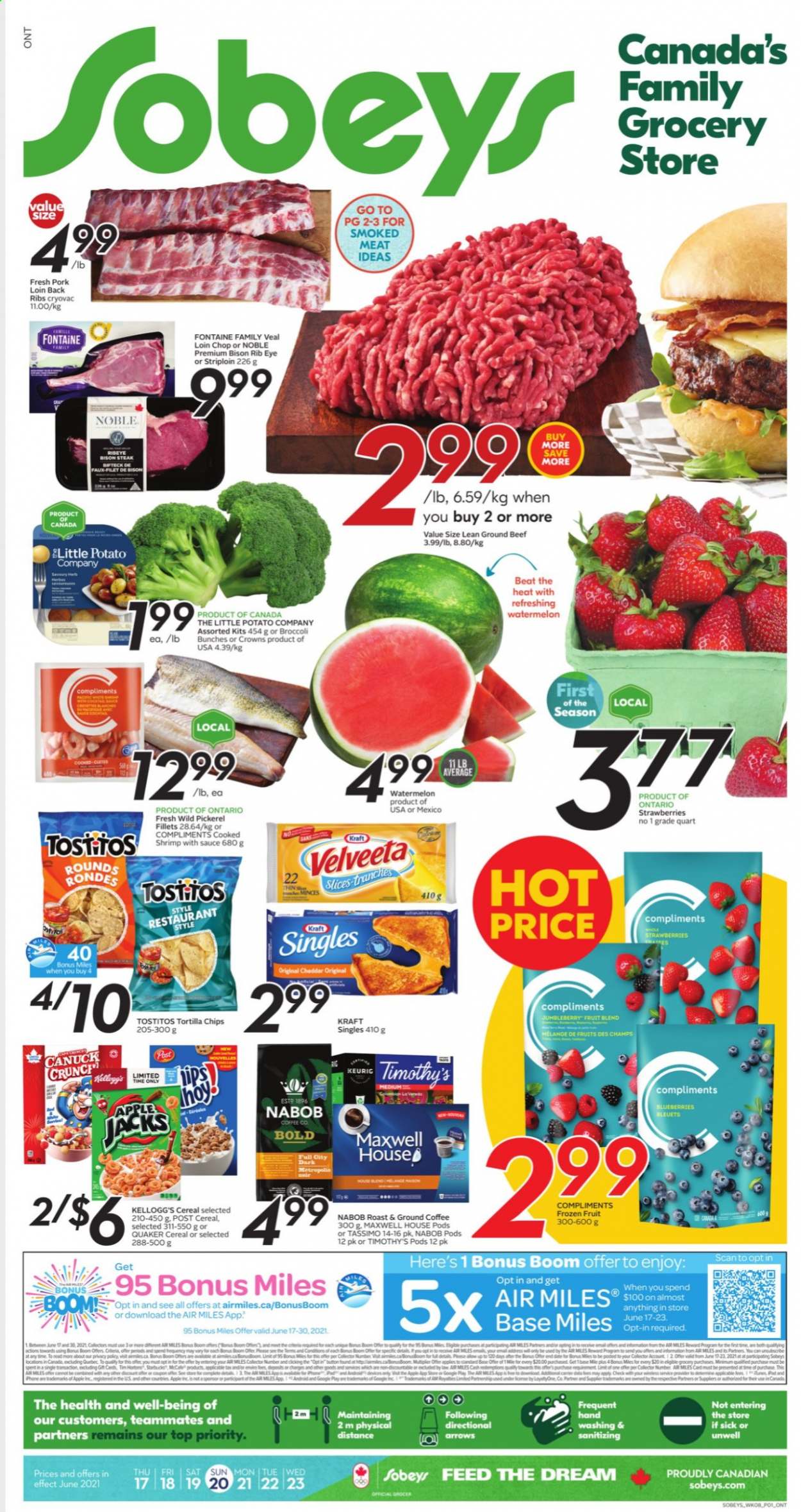 thumbnail - Sobeys Flyer - June 17, 2021 - June 23, 2021 - Sales products - broccoli, blueberries, strawberries, watermelon, shrimps, walleye, Quaker, Kraft®, sandwich slices, cheese, Kraft Singles, Kellogg's, tortilla chips, Tostitos, cereals, Maxwell House, coffee, ground coffee, beef meat, ground beef, bison meat, pork loin, pork meat, steak. Page 1.