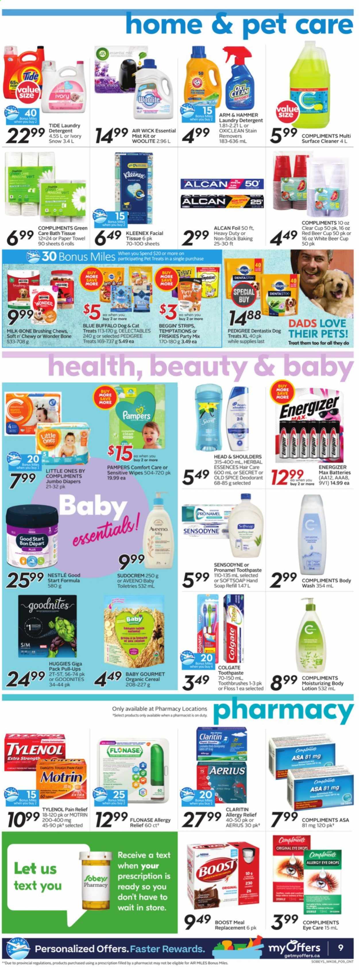 thumbnail - Sobeys Flyer - June 17, 2021 - June 23, 2021 - Sales products - milk, strips, chewing gum, ARM & HAMMER, cereals, spice, Boost, beer, wipes, nappies, Aveeno, bath tissue, Kleenex, paper towels, surface cleaner, cleaner, Woolite, OxiClean, Tide, laundry detergent, body wash, Softsoap, hand soap, soap, toothpaste, Herbal Essences, body lotion, anti-perspirant, Blue Buffalo, Dentastix, Pedigree, Beggin', Friskies, pain relief, Tylenol, eye drops, allergy relief, Sudocrem, Motrin, Nestlé, Head & Shoulders, Huggies, Pampers, Old Spice, Sensodyne, deodorant. Page 9.