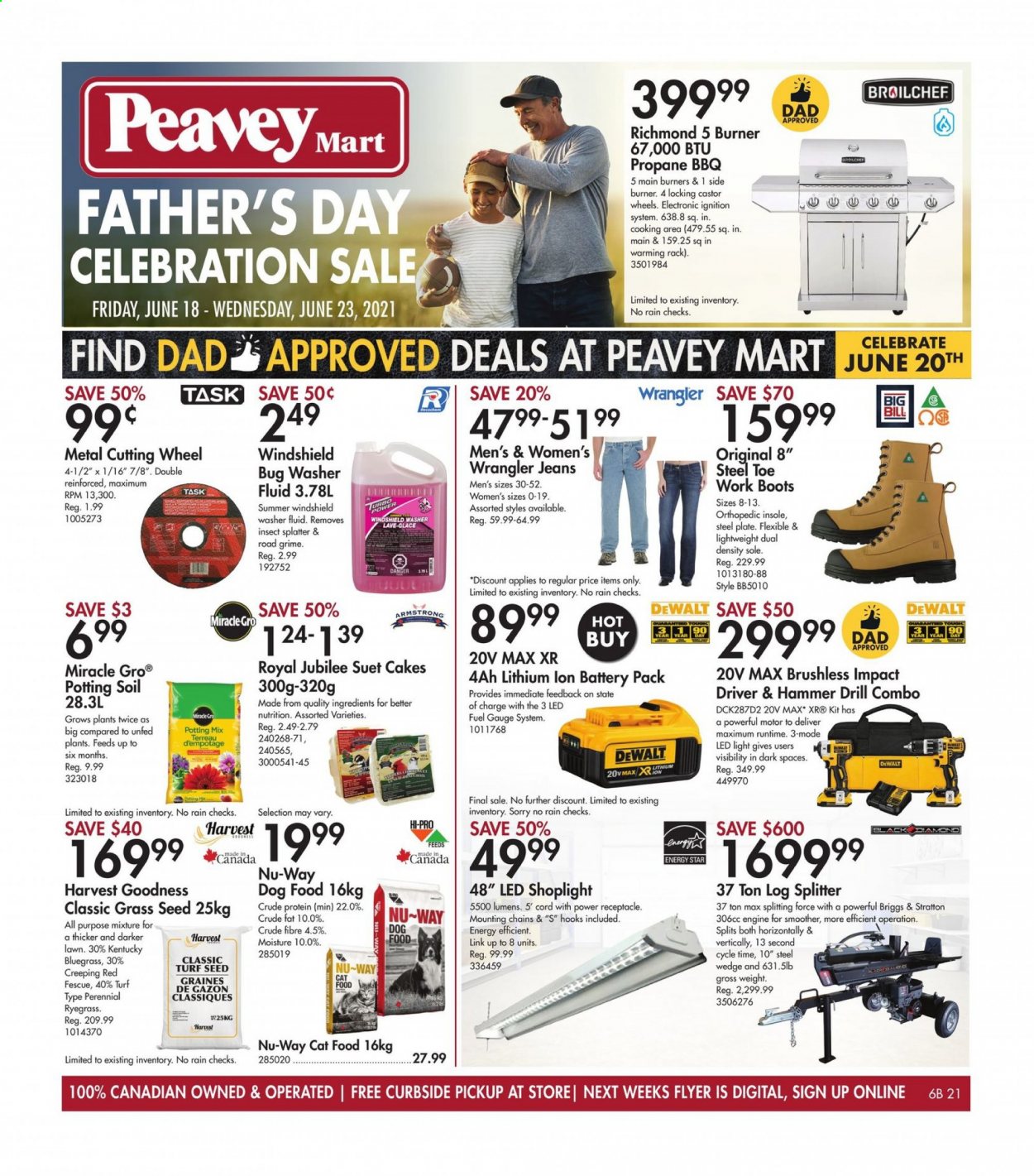 thumbnail - Peavey Mart Flyer - June 18, 2021 - June 23, 2021 - Sales products - plate, animal food, cat food, dog food, suet, plant seeds, suet cakes, boots, DeWALT, drill, impact driver, log splitter, potting mix, grass seed, washer fluid. Page 1.