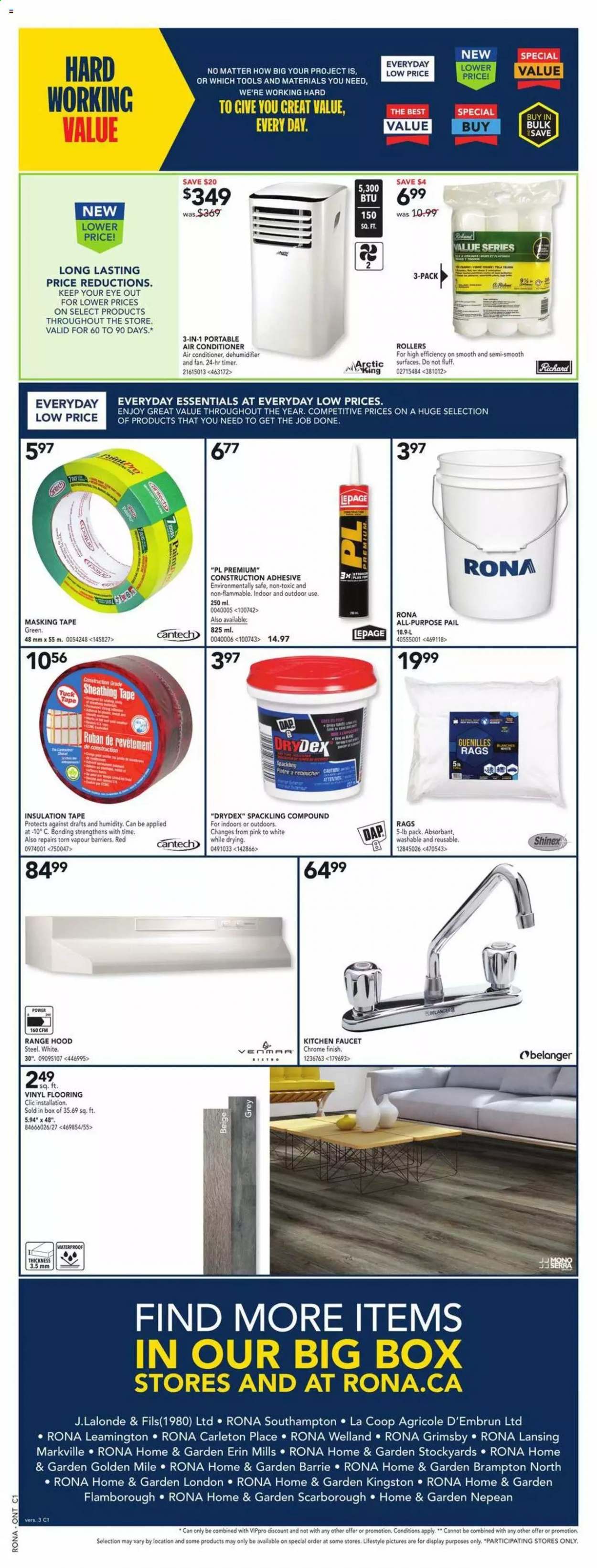 thumbnail - RONA Flyer - June 17, 2021 - June 23, 2021 - Sales products - portable air conditioner, faucet, masking tape, rags. Page 12.