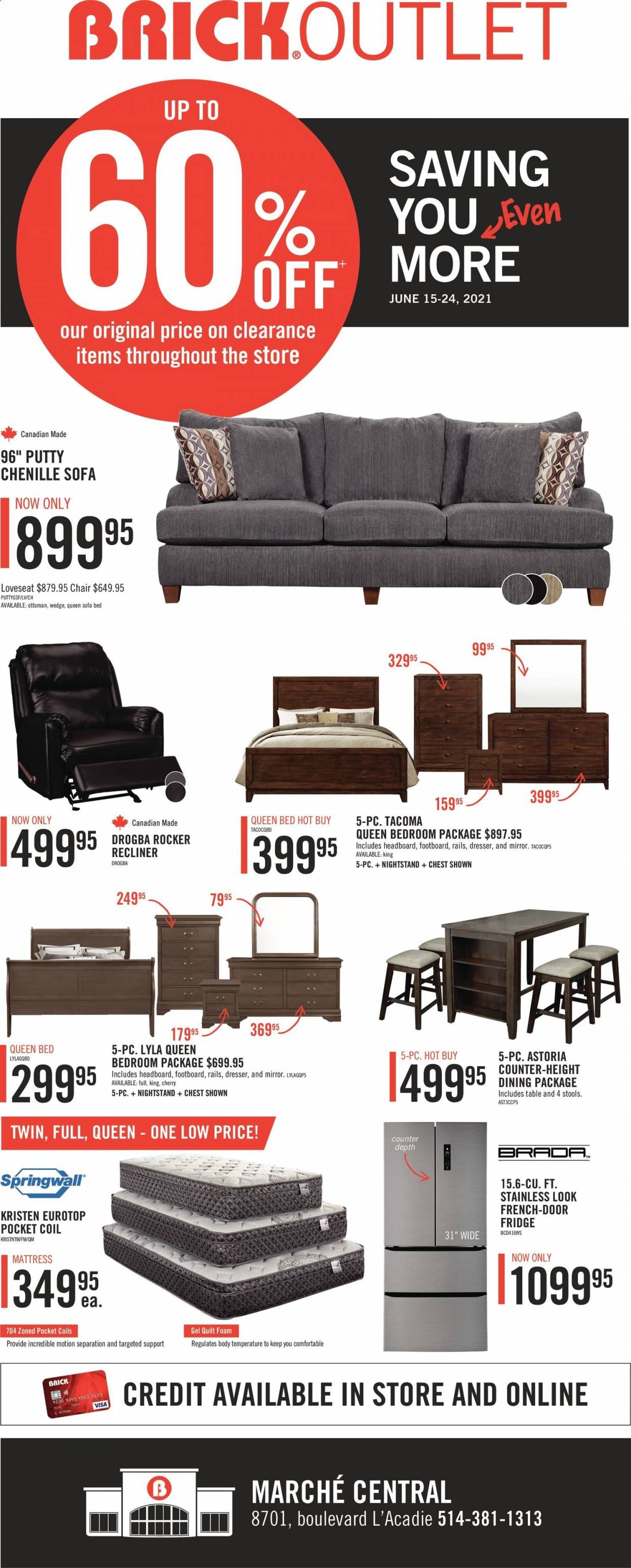 thumbnail - The Brick Flyer - June 15, 2021 - June 24, 2021 - Sales products - refrigerator, fridge, chair, loveseat, sofa, recliner chair, sofa bed, ottoman, bed, queen bed, headboard, mattress, dresser, nightstand, mirror. Page 1.