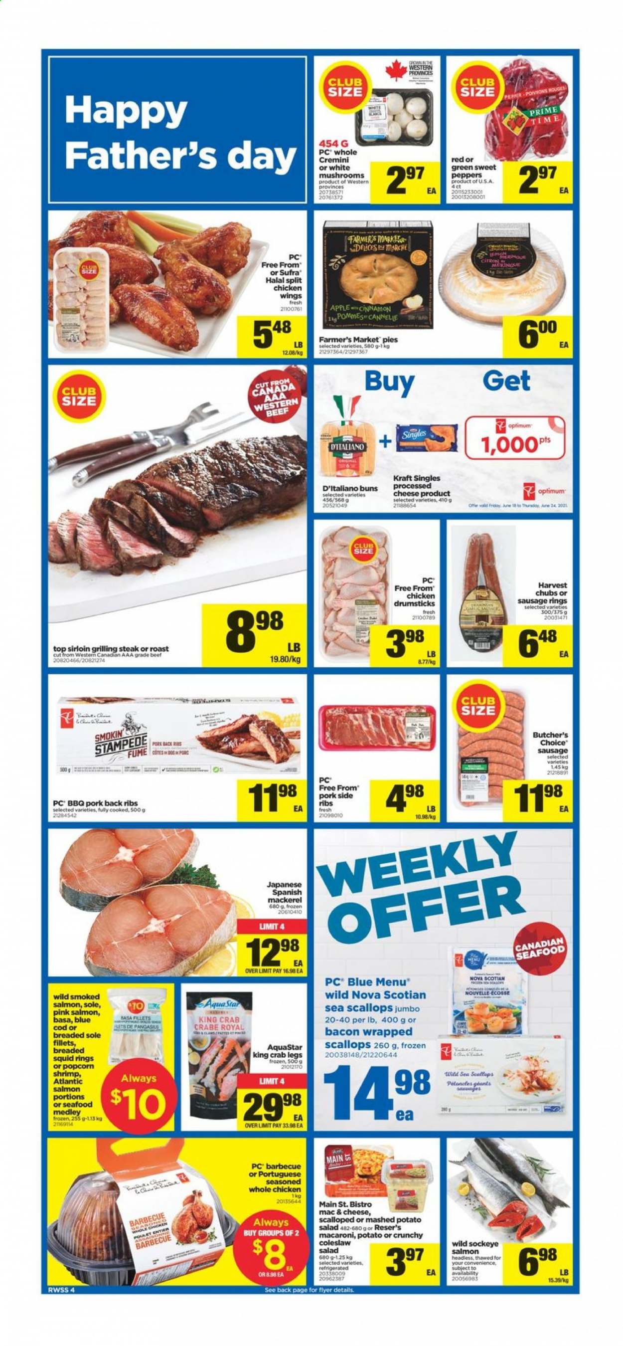thumbnail - Real Canadian Superstore Flyer - June 18, 2021 - June 24, 2021 - Sales products - mushrooms, buns, salad, peppers, bacon wrapped scallops, cod, mackerel, salmon, scallops, squid, king crab, seafood, crab legs, crab, shrimps, squid rings, coleslaw, macaroni, Kraft®, bacon, sausage, potato salad, sandwich slices, Kraft Singles, chicken wings, cinnamon, whole chicken, chicken drumsticks, chicken, pork meat, pork ribs, pork back ribs, nappies, Optimum, steak. Page 6.