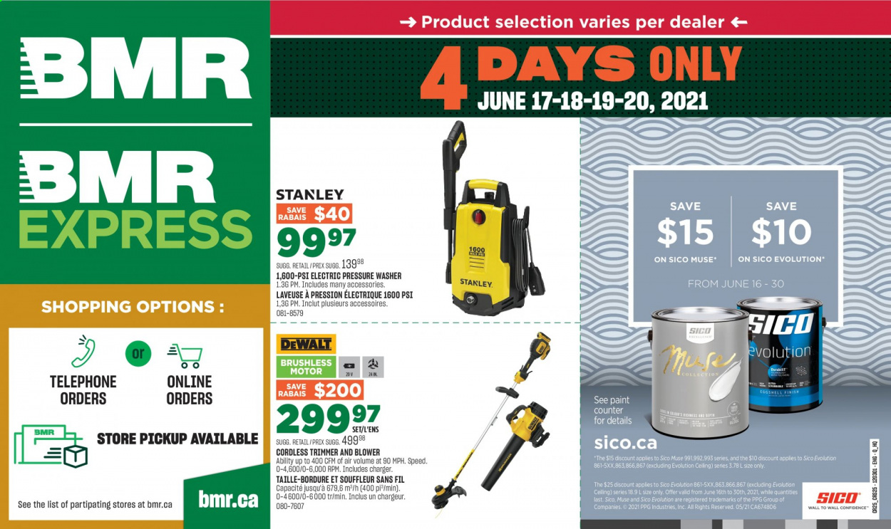 thumbnail - BMR Flyer - June 17, 2021 - June 20, 2021 - Sales products - paint, Stanley, DeWALT, electric pressure washer, pressure washer. Page 1.