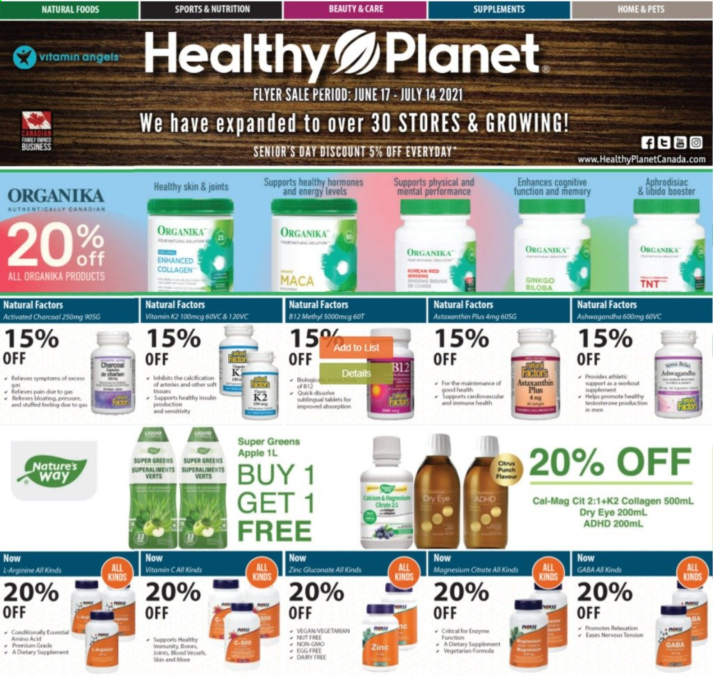 thumbnail - Healthy Planet Flyer - June 17, 2021 - July 14, 2021 - Sales products - fruit punch, tissues, magnesium, activated charcoal, zinc, dietary supplement. Page 1.