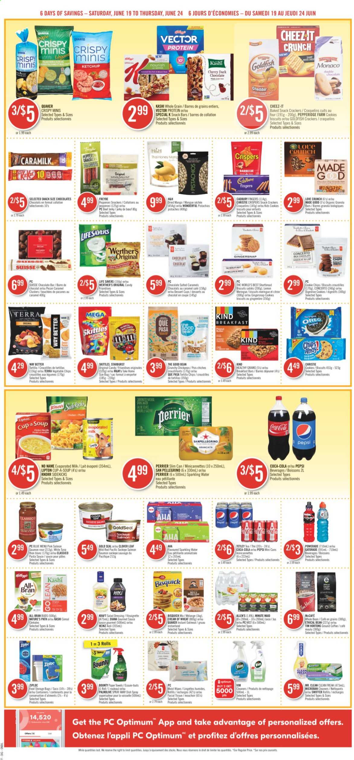 thumbnail - Shoppers Drug Mart Flyer - June 19, 2021 - June 24, 2021 - Sales products - cookies, milk chocolate, snack, Bounty, crackers, biscuit, dark chocolate, Cadbury, Digestive, Skittles, snack bar, Starburst, chocolate bar, tortilla chips, vegetable chips, Goldfish, Cheez-It, Bisquick, oatmeal, salmon, Heinz, pasta sauce, soup, cereals, Cream of Wheat, granola bar, Quaker, All-Bran, chickpeas, salad dressing, vinaigrette dressing, dressing, Classico, Kraft®, honey, dried fruit, pistachios, Coca-Cola, Powerade, Pepsi, juice, Clover, Perrier, Gatorade, fruit punch, sparkling water, San Pellegrino, tea, coffee, ground coffee, McCafe, wipes, tissues, kitchen towels, paper towels, Swiffer, Palmolive, Ziploc, Oreo, Knorr, tuna, chips, M&M's. Page 4.
