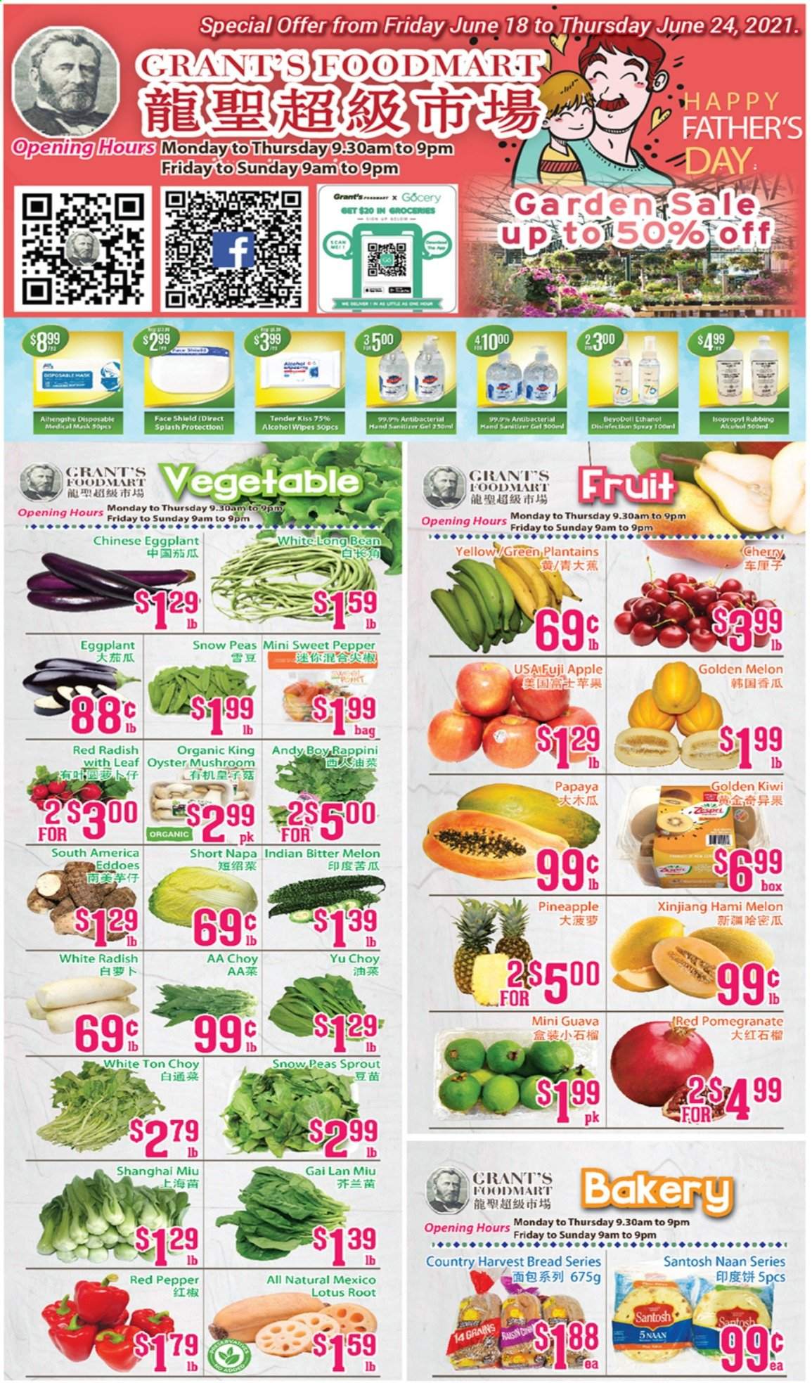 thumbnail - Grant's Foodmart Flyer - June 18, 2021 - June 24, 2021 - Sales products - oyster mushrooms, mushrooms, bread, radishes, peas, eggplant, white radish, guava, pineapple, plantains, melons, pomegranate, oysters, snow peas, Country Harvest, Grant's, Lotus, kiwi. Page 1.
