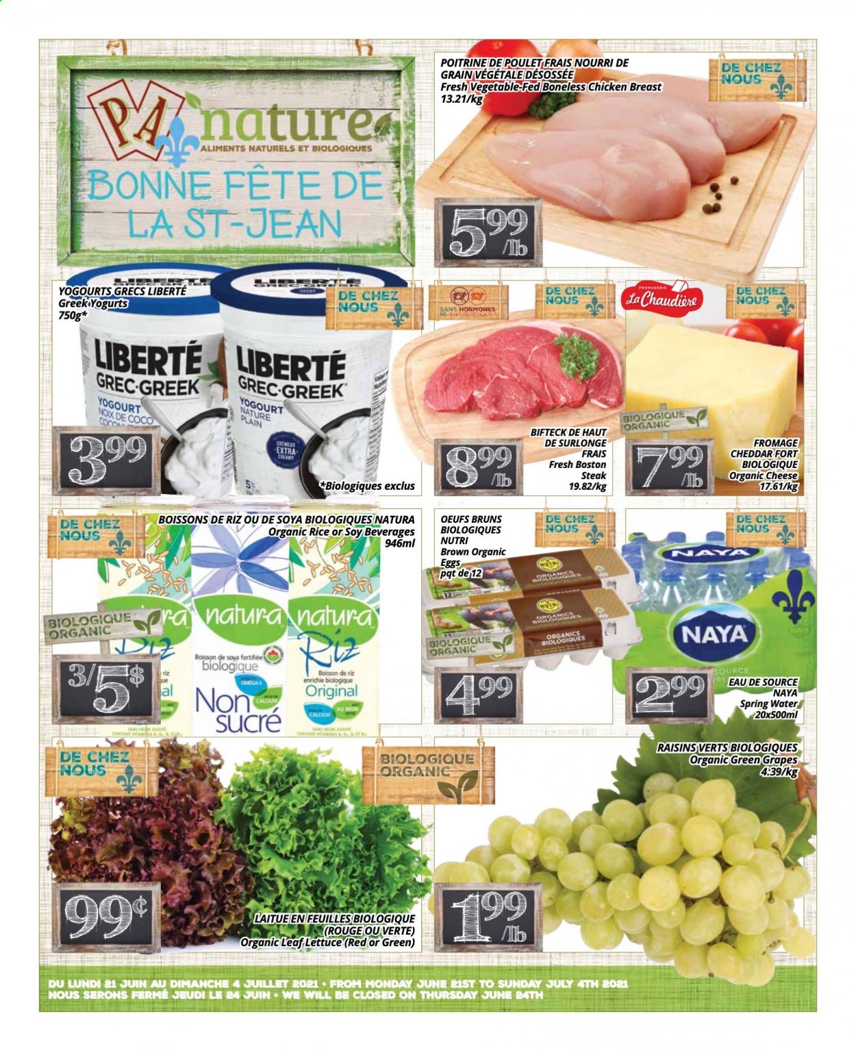 thumbnail - PA Nature Flyer - June 21, 2021 - July 04, 2021 - Sales products - lettuce, grapes, cheddar, cheese, eggs, cocoa, dried fruit, spring water, chicken breasts, chicken, raisins, steak. Page 1.