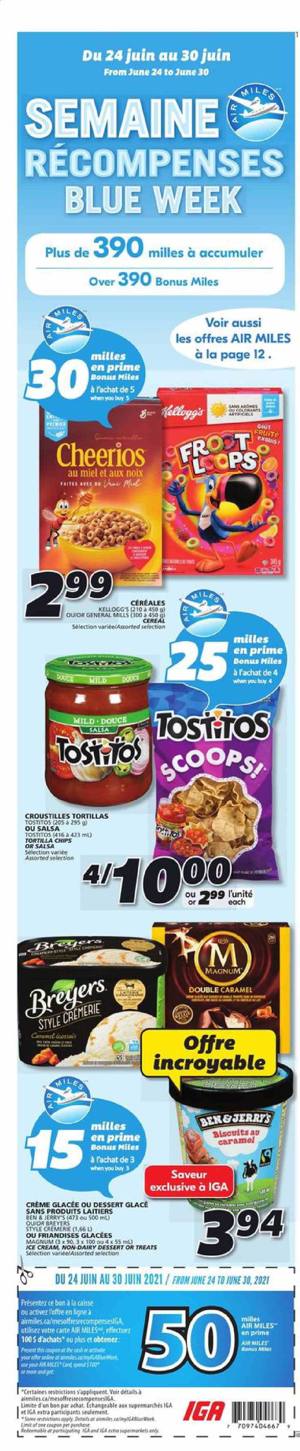 thumbnail - IGA Flyer - June 24, 2021 - June 30, 2021 - Sales products - Magnum, ice cream, Ben & Jerry's, Kellogg's, tortilla chips, Tostitos, cereals, Cheerios, salsa, chips. Page 12.