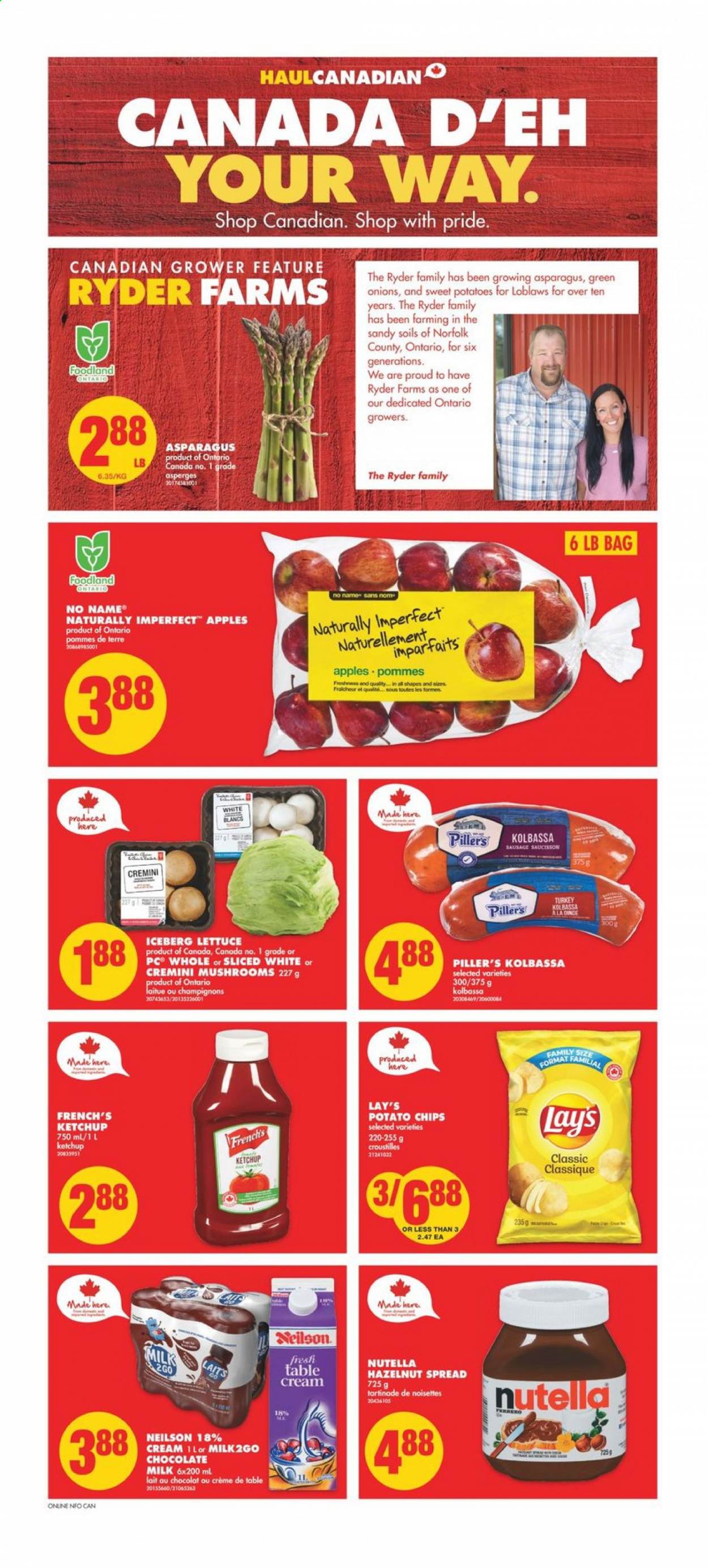 thumbnail - No Frills Flyer - June 24, 2021 - June 30, 2021 - Sales products - mushrooms, asparagus, sweet potato, lettuce, apples, No Name, sausage, milk, milk chocolate, chocolate, potato chips, Lay’s, hazelnut spread, table, Nutella, chips. Page 2.