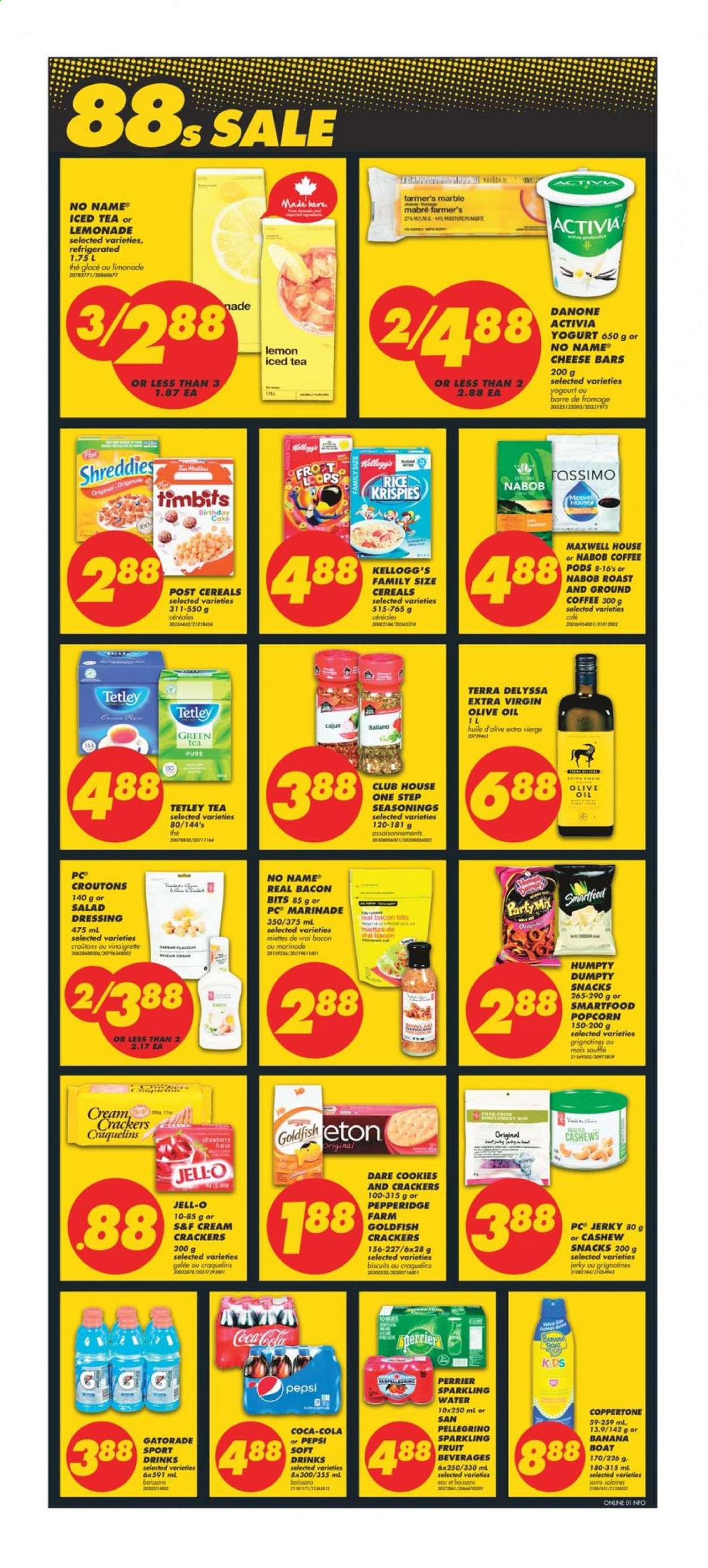 thumbnail - No Frills Flyer - June 24, 2021 - June 30, 2021 - Sales products - cake, No Name, jerky, yoghurt, Activia, cookies, snack, crackers, Kellogg's, biscuit, Smartfood, Goldfish, croutons, sugar, Jell-O, bacon bits, cereals, Rice Krispies, vinaigrette dressing, dressing, marinade, extra virgin olive oil, olive oil, oil, cashews, Coca-Cola, lemonade, Pepsi, ice tea, soft drink, Perrier, Gatorade, sparkling water, San Pellegrino, green tea, Maxwell House, coffee pods, Danone. Page 6.