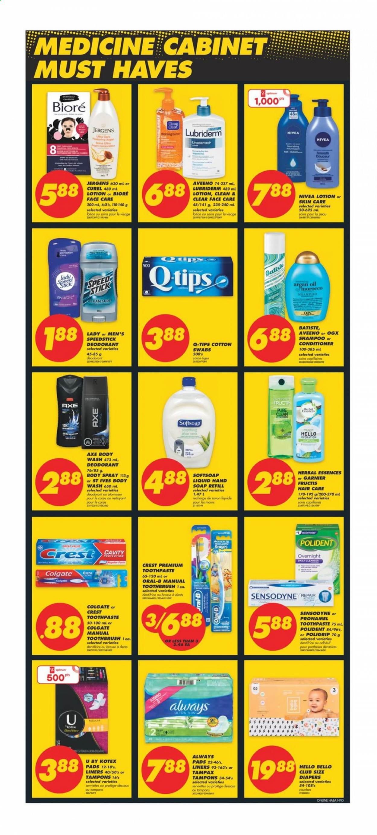thumbnail - No Frills Flyer - June 24, 2021 - June 30, 2021 - Sales products - Bai, nappies, Aveeno, body wash, Softsoap, soap, toothbrush, toothpaste, Polident, Crest, Always pads, Kotex, Kotex pads, tampons, Curél, Bioré®, Clean & Clear, OGX, conditioner, Herbal Essences, Fructis, body lotion, body spray, Lubriderm, Jergens, anti-perspirant, Speed Stick, Optimum, cabinet, argan oil, Garnier, shampoo, Tampax, Nivea, Oral-B, Sensodyne, deodorant. Page 8.