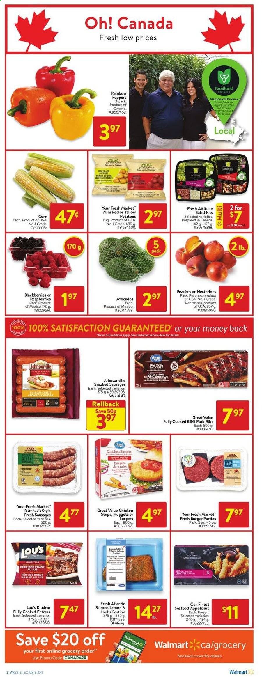 thumbnail - Walmart Flyer - June 24, 2021 - June 30, 2021 - Sales products - corn, tomatoes, potatoes, salad, peppers, avocado, blackberries, nectarines, peaches, salmon, seafood, nuggets, Johnsonville, sausage, cheese, strips, chicken strips, burger patties, pork meat, pork ribs, pork back ribs, pot. Page 2.