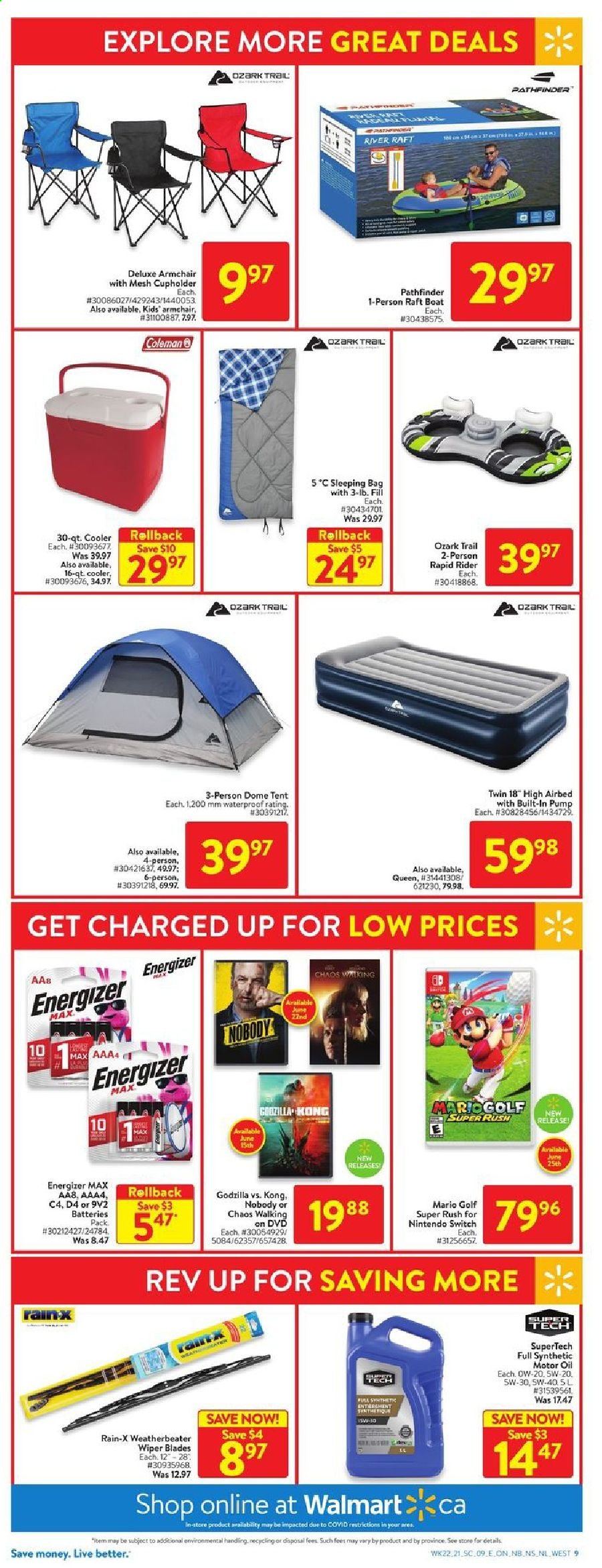 thumbnail - Walmart Flyer - June 24, 2021 - June 30, 2021 - Sales products - oil, battery, DVD, arm chair, airbed, Coleman, boat, sleeping bag, tent, pump, wiper blades, Rain-X, motor oil, Nintendo Switch. Page 15.