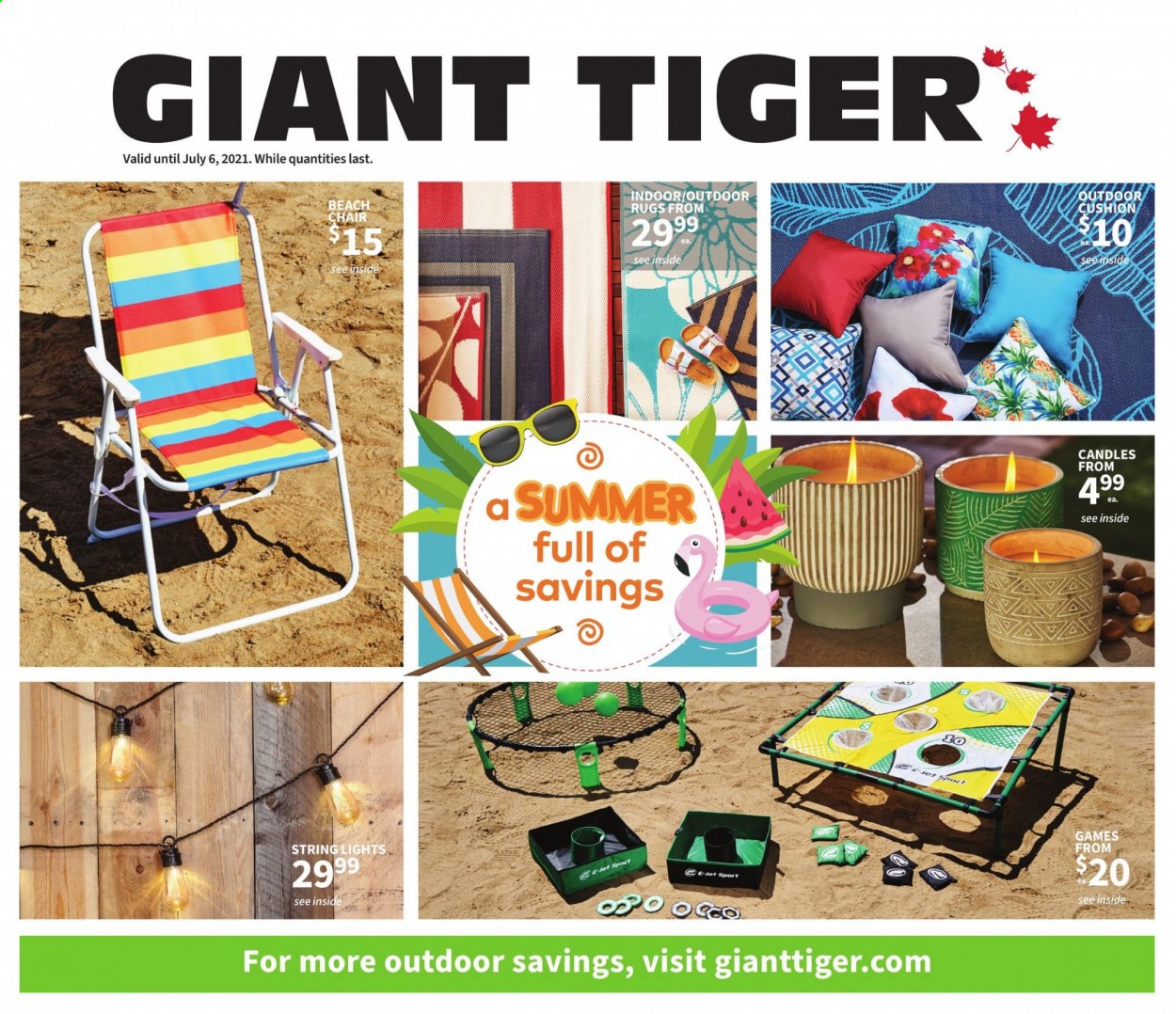 thumbnail - Giant Tiger Flyer - June 23, 2021 - July 06, 2021 - Sales products - candle, cushion, chair, beach chair, string lights, rug. Page 1.