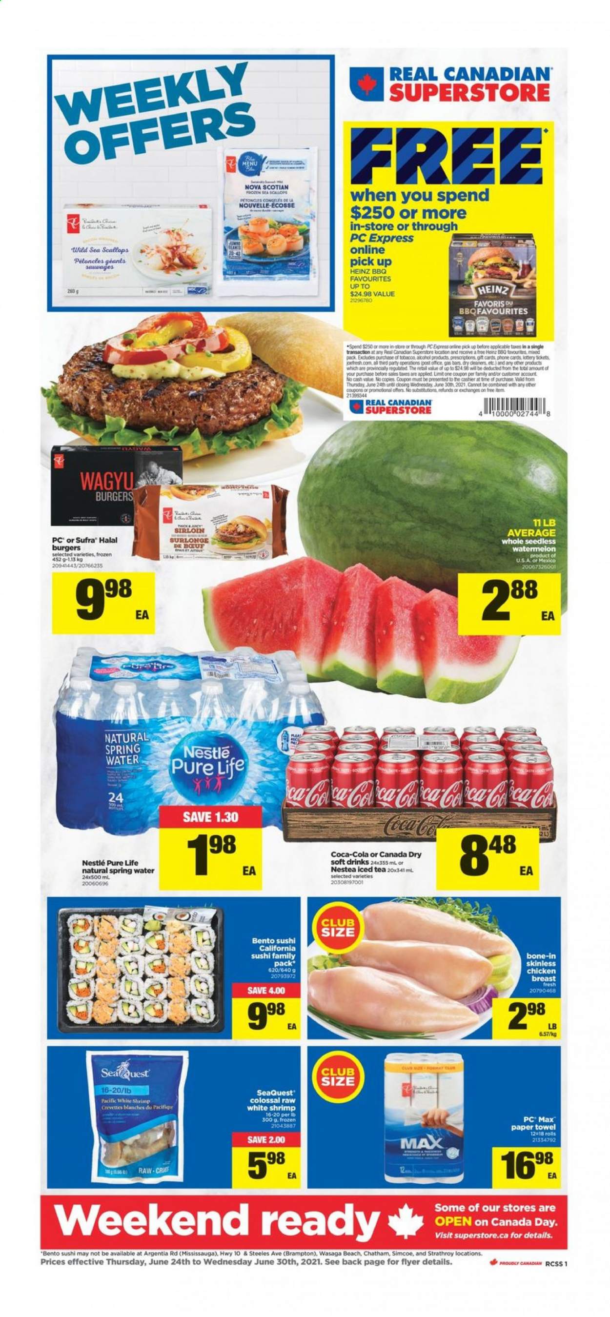 thumbnail - Real Canadian Superstore Flyer - June 24, 2021 - June 30, 2021 - Sales products - watermelon, scallops, shrimps, hamburger, Heinz, Canada Dry, Coca-Cola, ice tea, soft drink, spring water, chicken breasts, chicken, paper towels, Nestlé. Page 1.