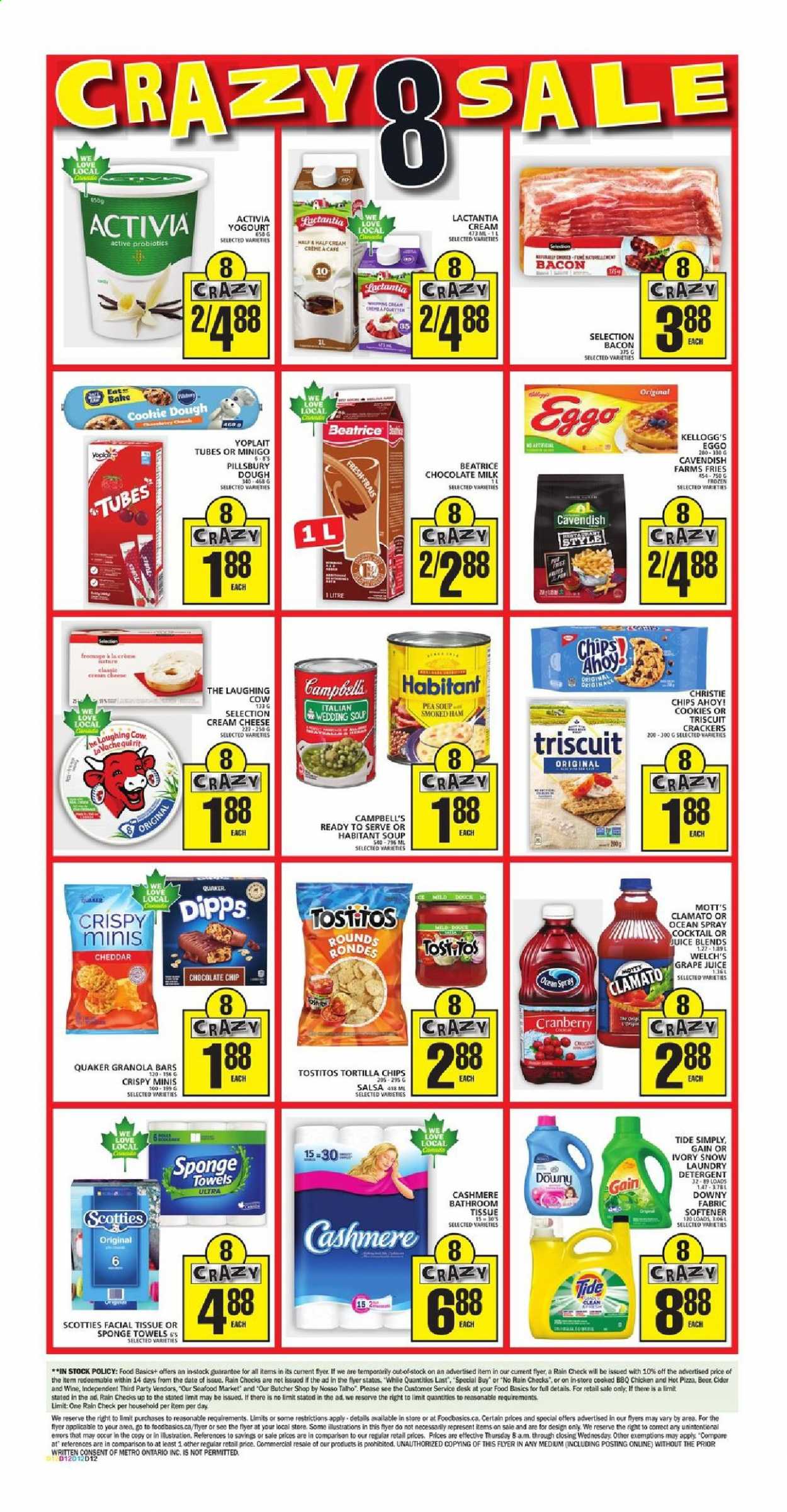 thumbnail - Food Basics Flyer - June 24, 2021 - June 30, 2021 - Sales products - Welch's, Mott's, seafood, Campbell's, pizza, soup, Pillsbury, Quaker, bacon, ham, smoked ham, cream cheese, The Laughing Cow, Activia, Yoplait, milk, potato fries, cookie dough, cookies, milk chocolate, crackers, Kellogg's, Chips Ahoy!, tortilla chips, Tostitos, granola bar, salsa, juice, Clamato, wine, cider, beer, bath tissue, Gain, Tide, fabric softener, laundry detergent, Downy Laundry, sponge, towel, probiotics, chips. Page 6.
