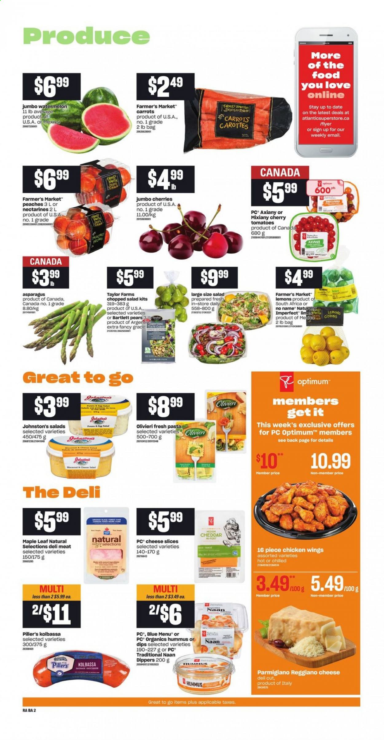 thumbnail - Atlantic Superstore Flyer - June 24, 2021 - June 29, 2021 - Sales products - asparagus, carrots, tomatoes, salad, chopped salad, Bartlett pears, limes, nectarines, watermelon, cherries, pears, lemons, peaches, No Name, macaroni, hummus, sliced cheese, cheddar, cheese, Parmigiano Reggiano, chicken wings, bag, Optimum. Page 3.