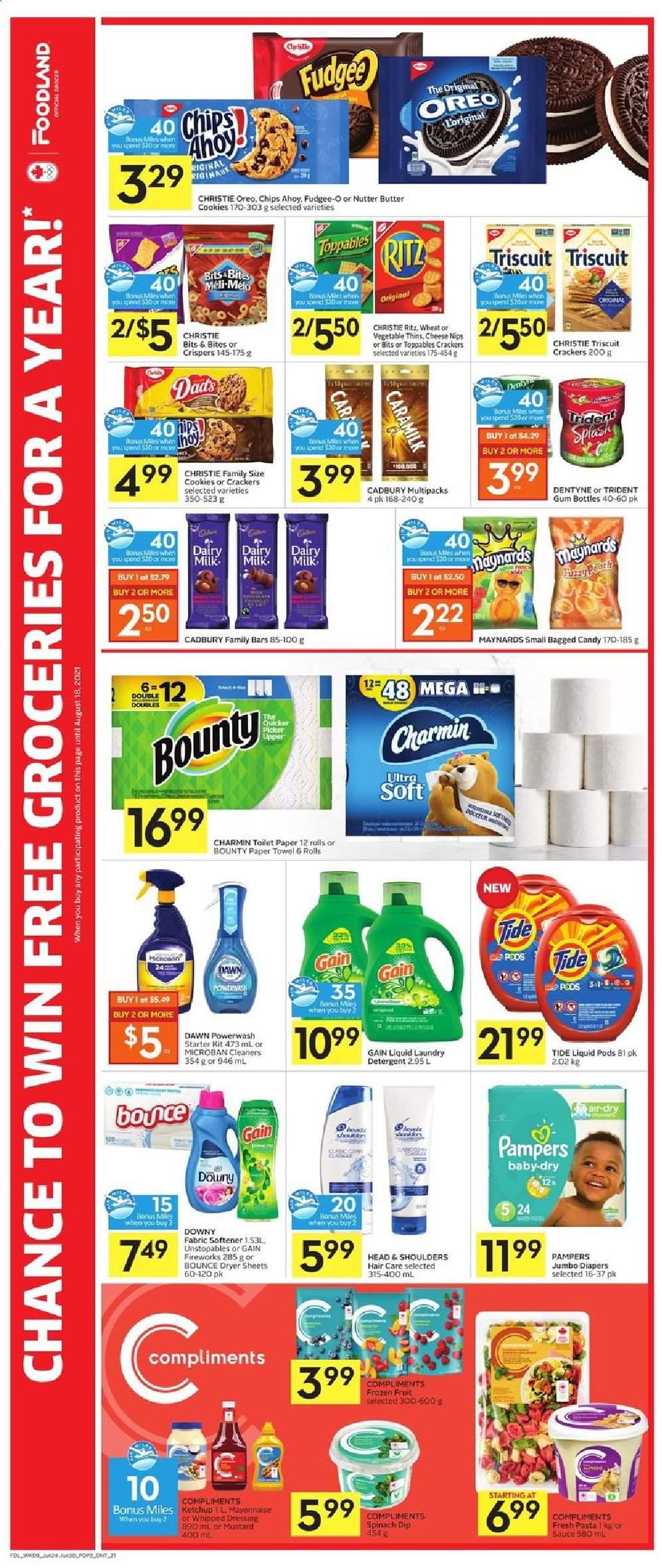 thumbnail - Foodland Flyer - June 24, 2021 - June 30, 2021 - Sales products - pasta, Oreo, mayonnaise, dip, spinach dip, frozen fruit, cookies, chocolate, butter cookies, Bounty, crackers, chewing gum, Cadbury, Dairy Milk, Trident, NIPS, RITZ, chocolate bar, Candy, sweets, bars, Thins, salty snack, mustard, ketchup, dressing, Pampers, nappies, toilet paper, kitchen towels, paper towels, Charmin, detergent, Gain, cleaner, Tide, Unstopables, fabric softener, laundry detergent, Bounce, dryer sheets, Gain Fireworks, Downy Laundry, hair products, Head & Shoulders. Page 3.