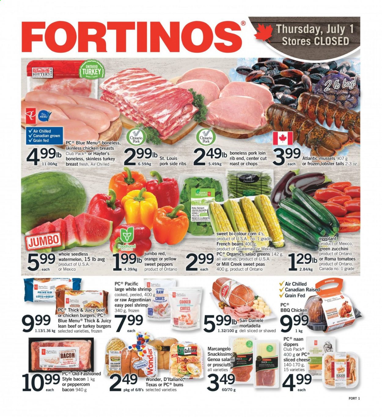 thumbnail - Fortinos Flyer - June 24, 2021 - June 30, 2021 - Sales products - hot dog rolls, buns, beans, corn, french beans, spinach, sweet peppers, tomatoes, zucchini, peas, salad, salad greens, peppers, eggplant, watermelon, lobster, mussels, lobster tail, shrimps, hot dog, hamburger, bacon, mortadella, salami, sliced cheese, cheddar, cheese, snack, Thins, turkey breast, chicken breasts, turkey, beef meat, turkey burger, pork loin, pork meat, bag, pot, AVG. Page 1.