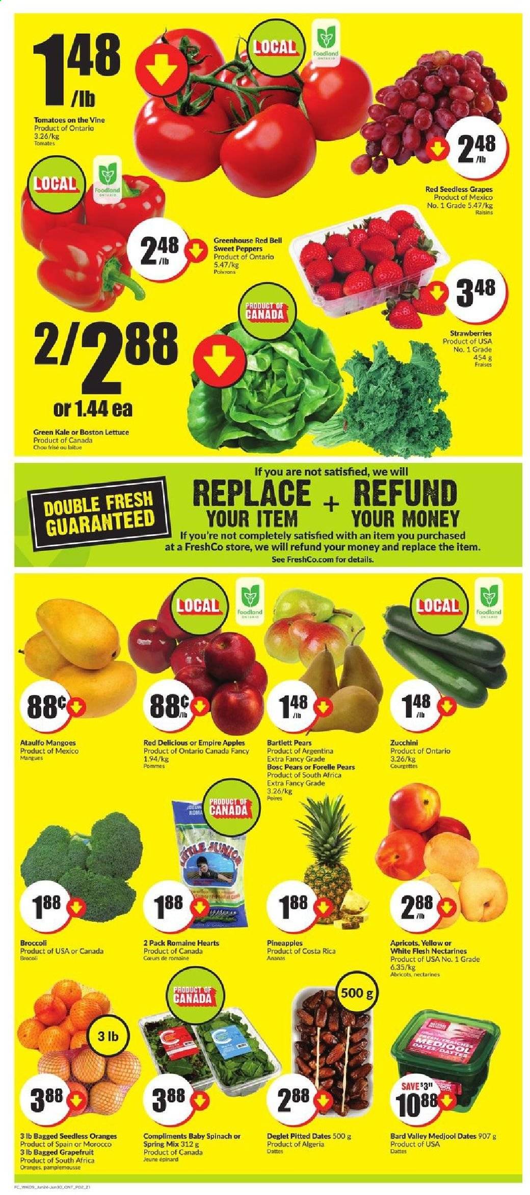 thumbnail - FreshCo. Flyer - June 24, 2021 - June 30, 2021 - Sales products - broccoli, sweet peppers, tomatoes, zucchini, kale, lettuce, peppers, apples, Bartlett pears, grapefruits, grapes, mango, nectarines, Red Delicious apples, seedless grapes, strawberries, pineapple, pears, apricots, dried fruit, dried dates, raisins. Page 2.