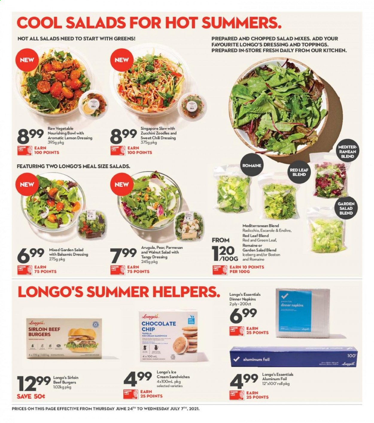 thumbnail - Longo's Flyer - June 24, 2021 - July 07, 2021 - Sales products - zucchini, salad, endive, radicchio, chopped salad, pears, hamburger, beef burger, parmesan, ice cream, ice cream sandwich, dressing, napkins. Page 10.
