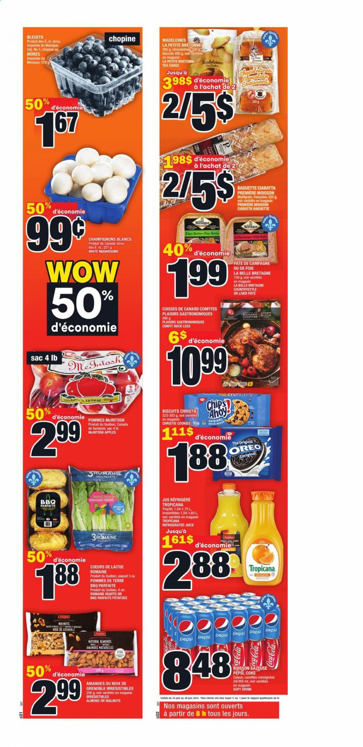 thumbnail - Super C Flyer - June 24, 2021 - June 30, 2021 - Sales products - mushrooms, cake, potatoes, apples, Oreo, cookies, biscuit, herbs, almonds, walnuts, Coca-Cola, Pepsi, soft drink, tea, duck meat, duck leg, chips. Page 2.