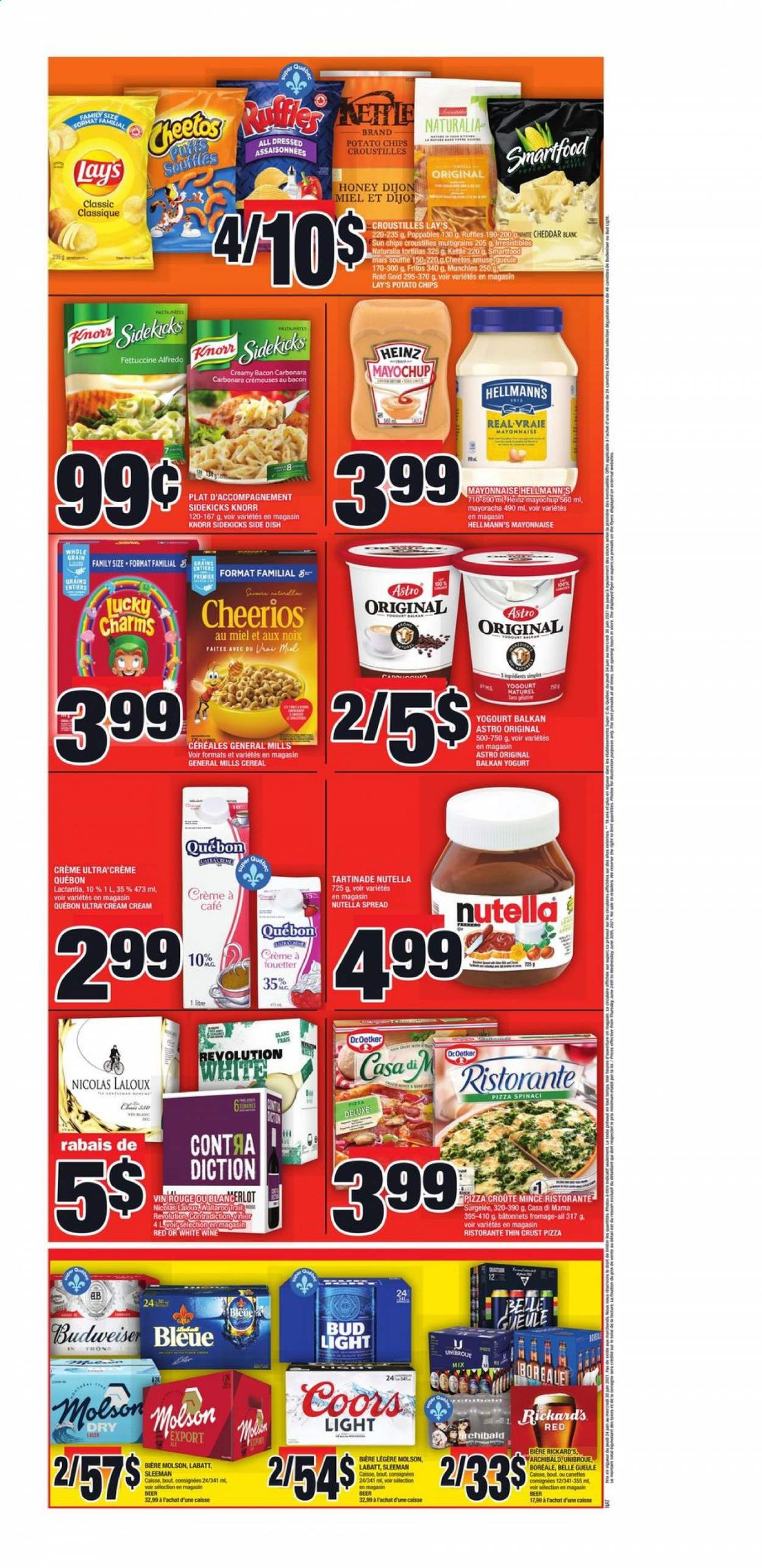 thumbnail - Super C Flyer - June 24, 2021 - June 30, 2021 - Sales products - tortillas, pizza, bacon, yoghurt, mayonnaise, Hellmann’s, Fritos, potato chips, Cheetos, Lay’s, Heinz, cereals, Cheerios, honey, wine, beer, Budweiser, Coors, Bud Light, Knorr, Nutella, chips. Page 3.